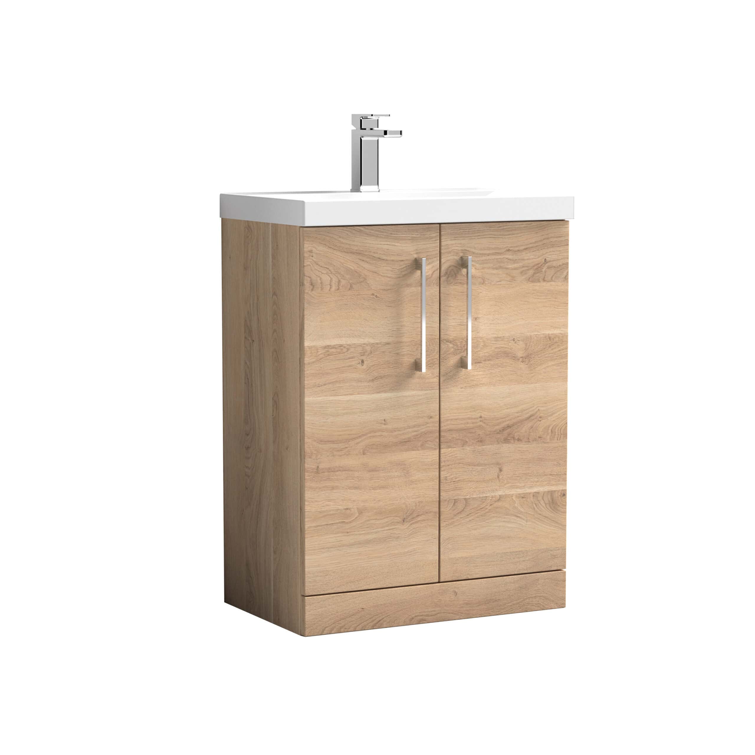 Modern wooden bathroom vanity with white sink and chrome faucet, perfect for stylish bathroom renovations. Features two cabinet doors and sleek handles for ample storage.