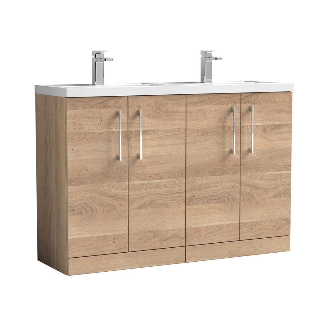 Contemporary wooden bathroom vanity unit with two sinks, chrome handles, and modern tap fixtures, ideal for stylish and functional bathroom renovations.
