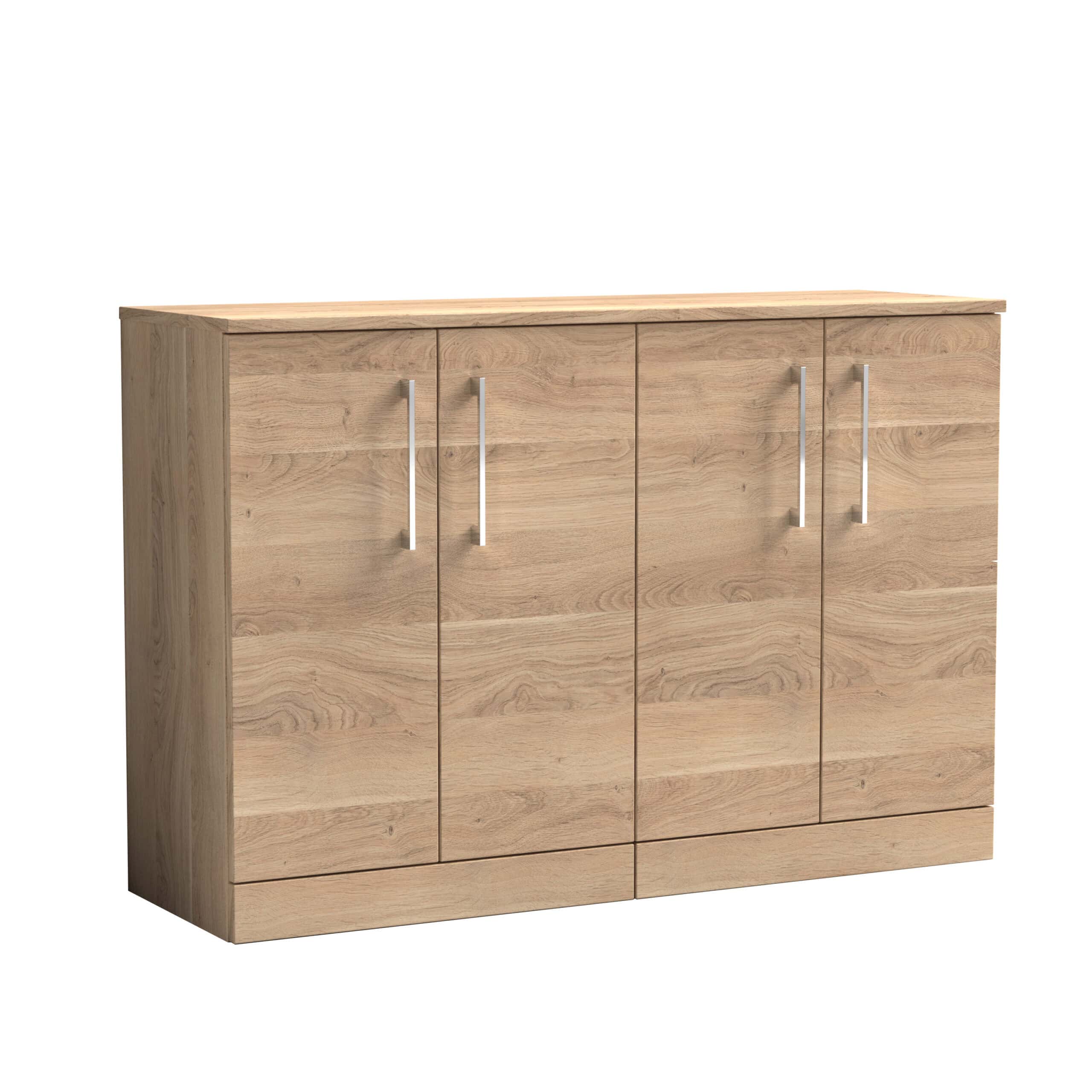 Solid wood bathroom storage cabinet with four doors, modern silver handles, and a natural oak finish for versatile bathroom or kitchen organisation.