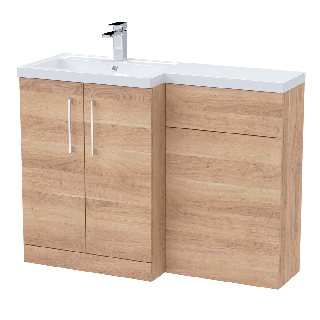 Modern bathroom vanity unit with integrated sink and natural wood finish, ideal for contemporary bathroom designs, providing ample storage and style.