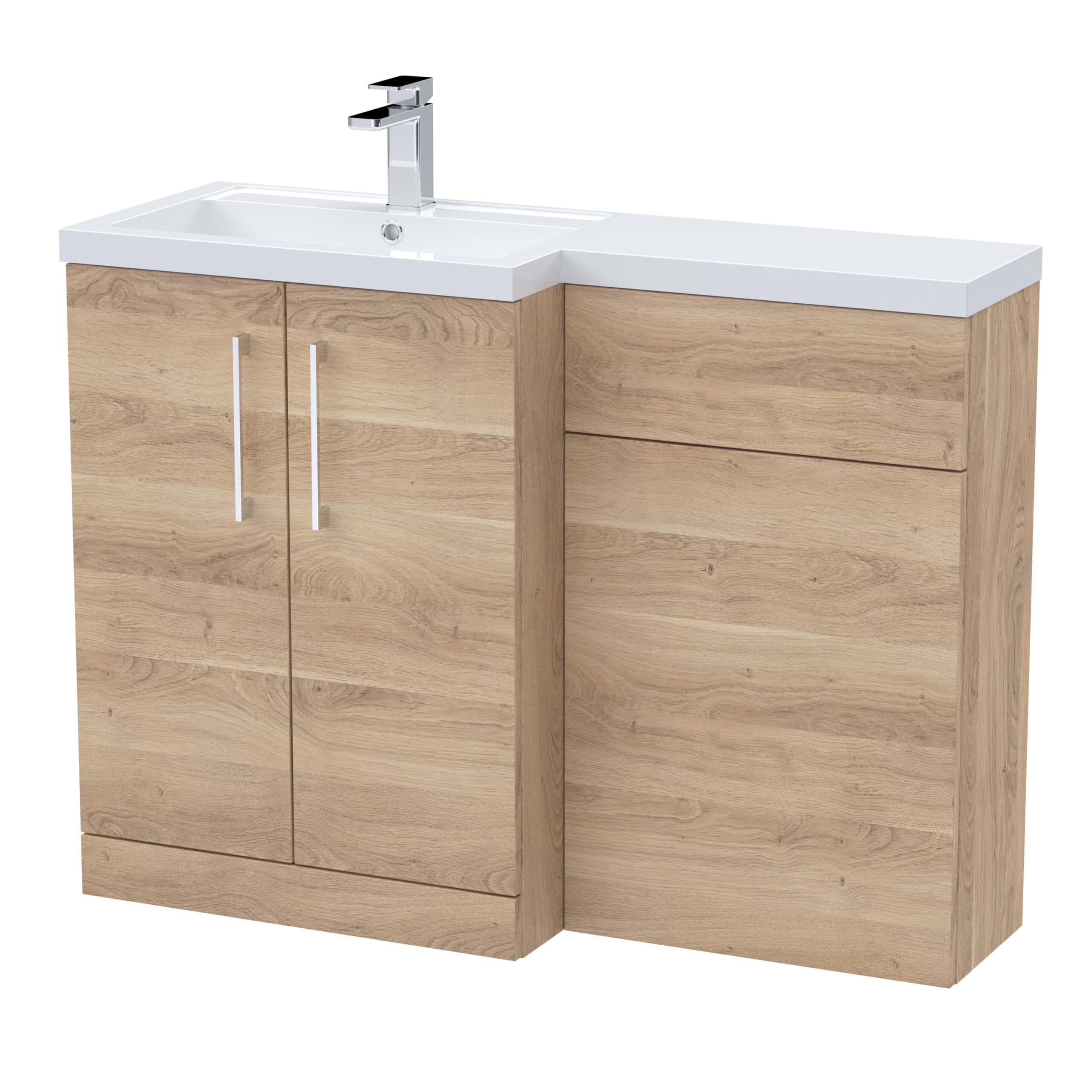 Modern bathroom vanity unit with integrated sink and natural wood finish, ideal for contemporary bathroom designs, providing ample storage and style.