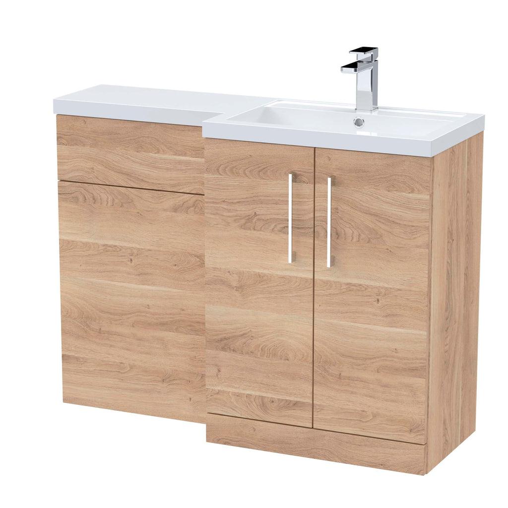 Modern wooden bathroom vanity unit with white countertop and integrated sink, featuring sleek chrome handles and a contemporary design for stylish bathroom storage.