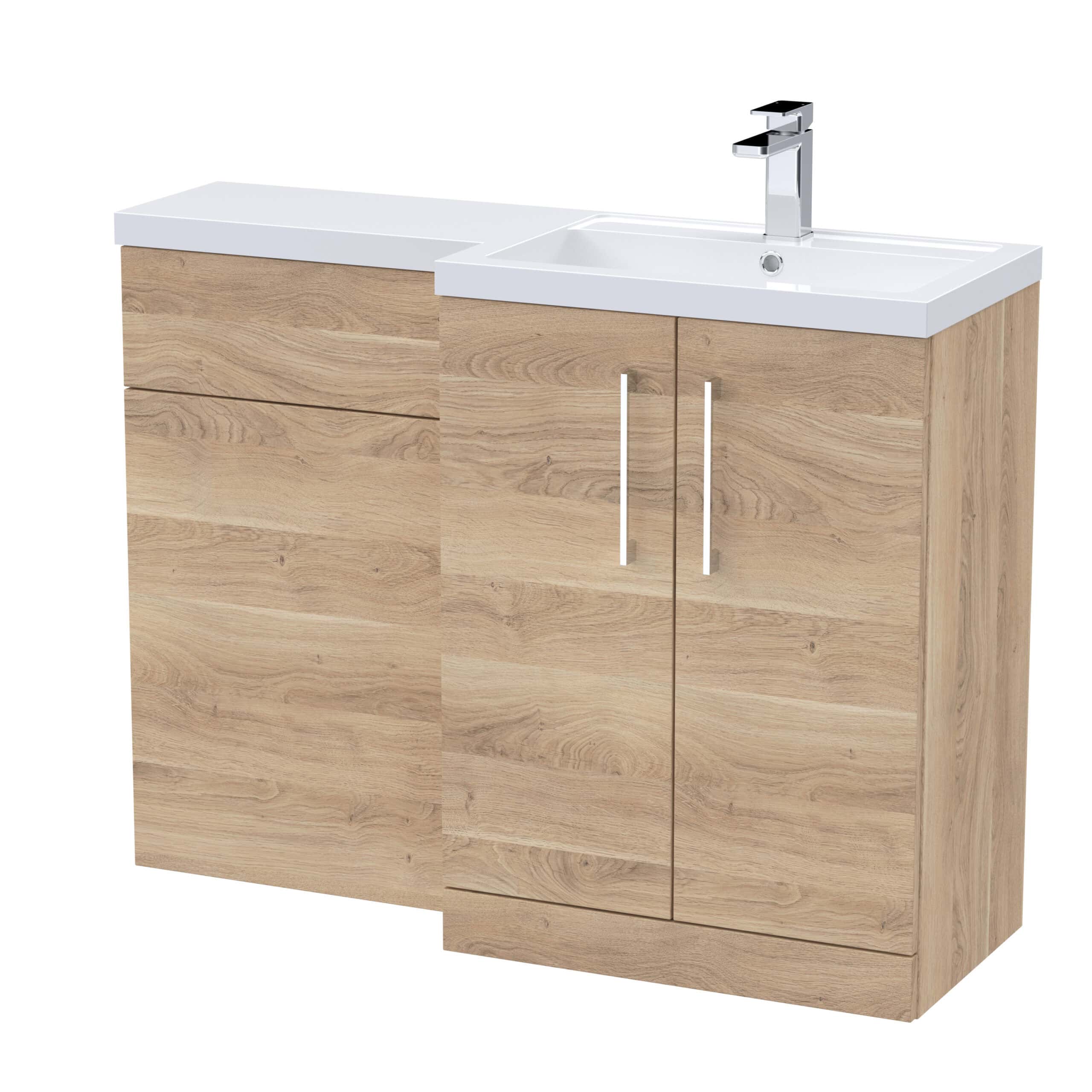 Modern wooden bathroom vanity unit with white countertop and integrated sink, featuring sleek chrome handles and a contemporary design for stylish bathroom storage.