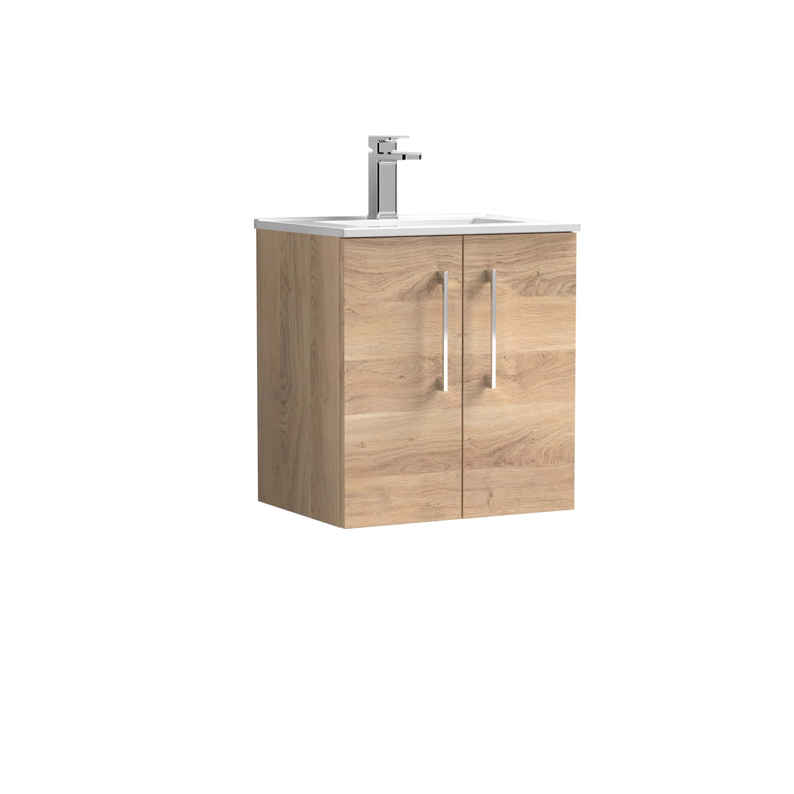 Modern wooden bathroom vanity with integrated sink and chrome faucet, ideal for contemporary and compact bathroom designs.