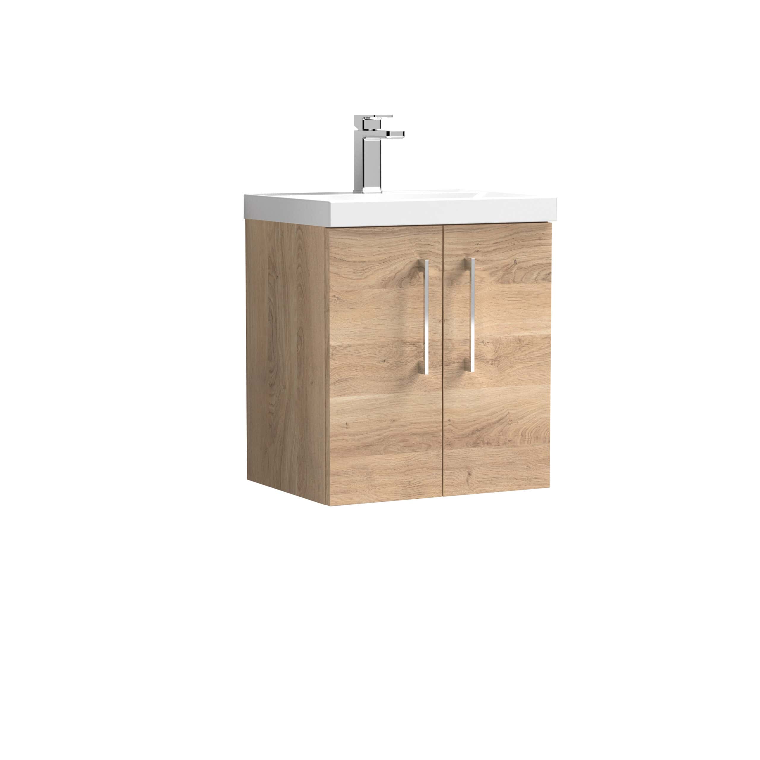 Modern wooden bathroom vanity with integrated sink and chrome tap, ideal for contemporary bathroom decor.
