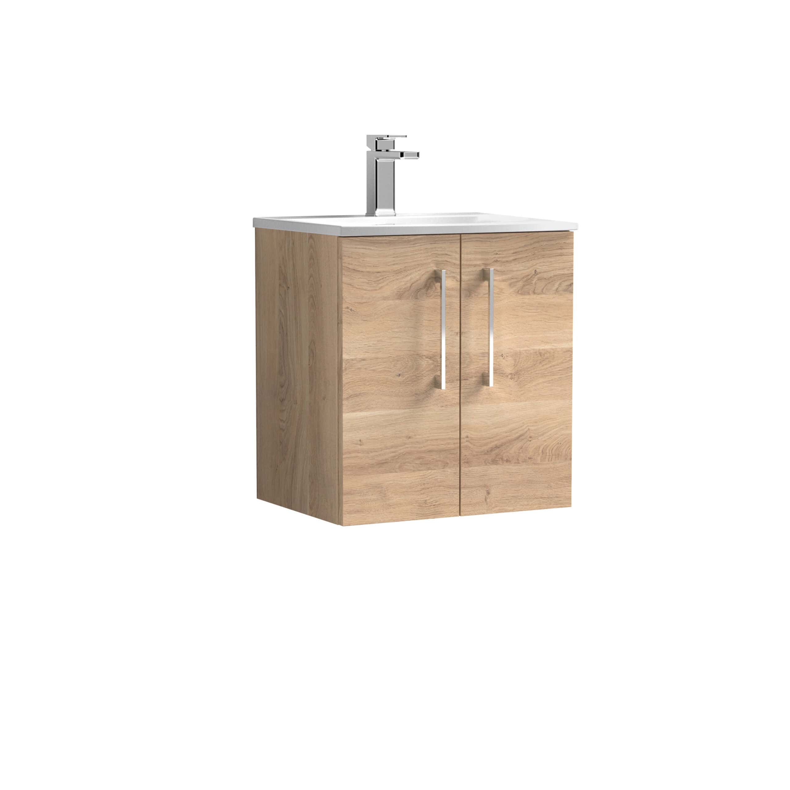 Natural wood bathroom vanity with white ceramic sink and modern chrome tap for stylish bathroom storage solutions.