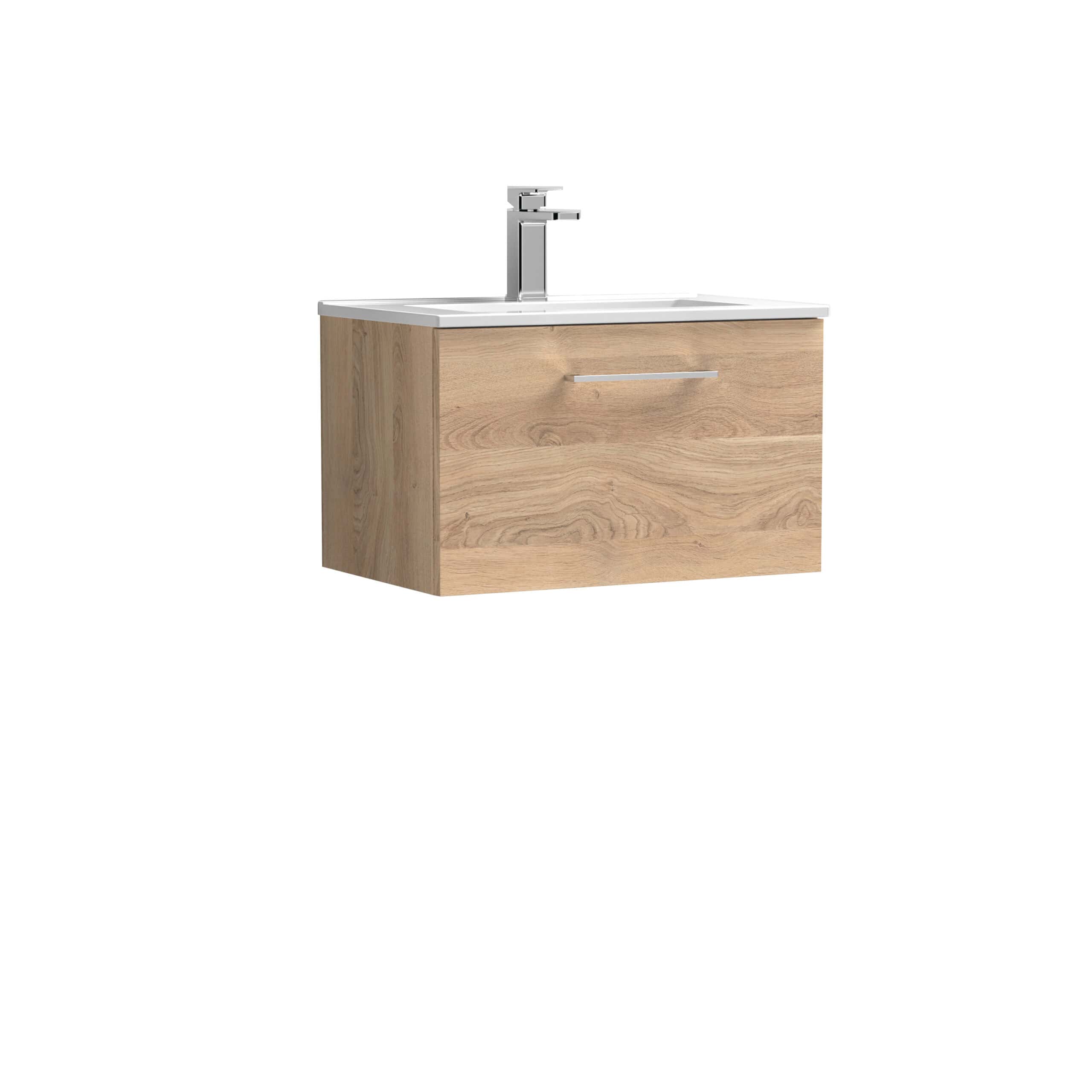 Modern wooden bathroom vanity with integrated sink and chrome faucet, ideal for contemporary bathroom designs and storage solutions.