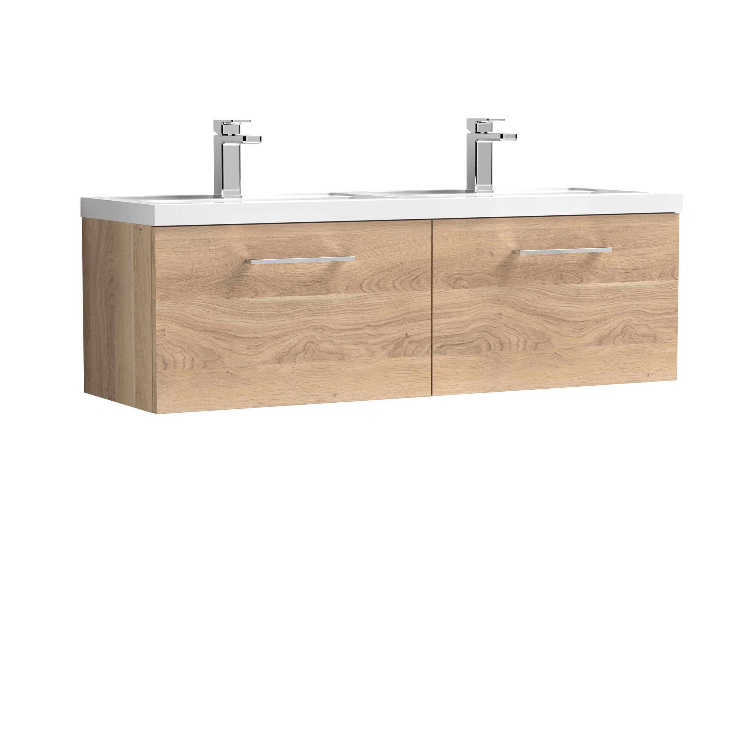 Sleek double vanity bathroom cabinet with integrated dual sinks and modern chrome taps, ideal for contemporary bathroom decor, offering ample storage in a natural wood finish.