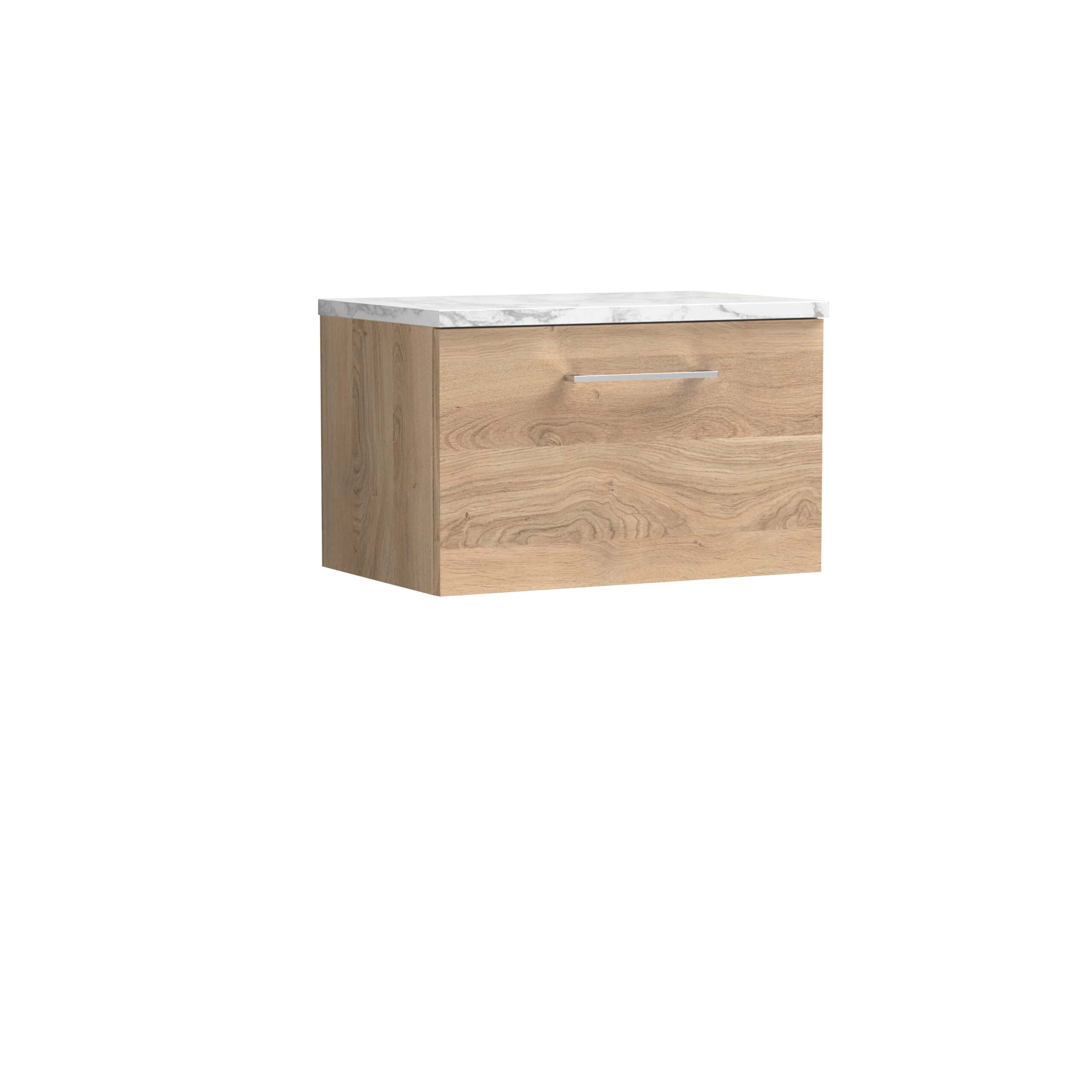 Contemporary bathroom vanity with natural wood finish and a white marble countertop, sleek handle design for a modern look. Perfect for enhancing bathroom storage and style.