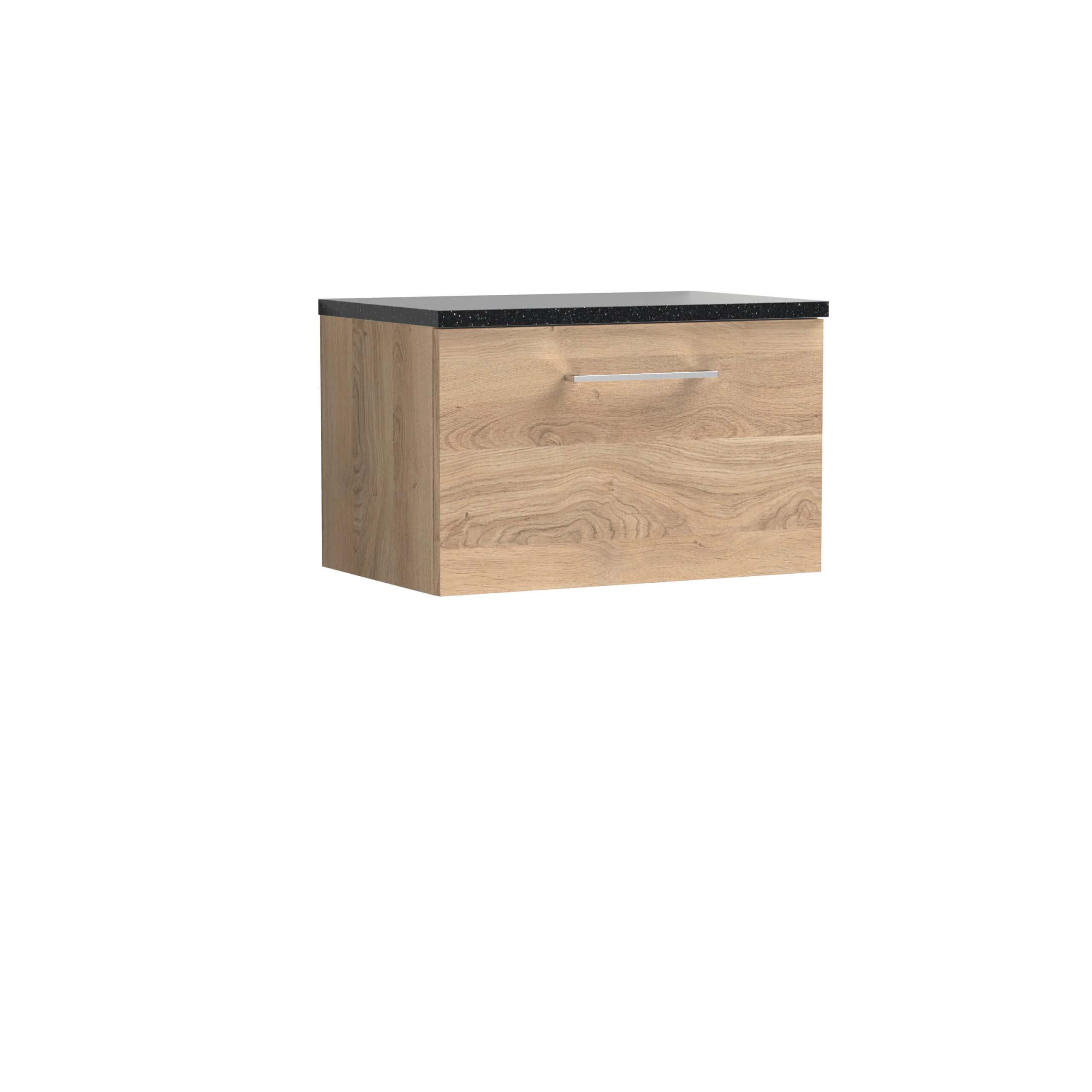 Contemporary wooden bathroom vanity unit with a black granite top, sleek handle, perfect for modern bathroom storage solutions.