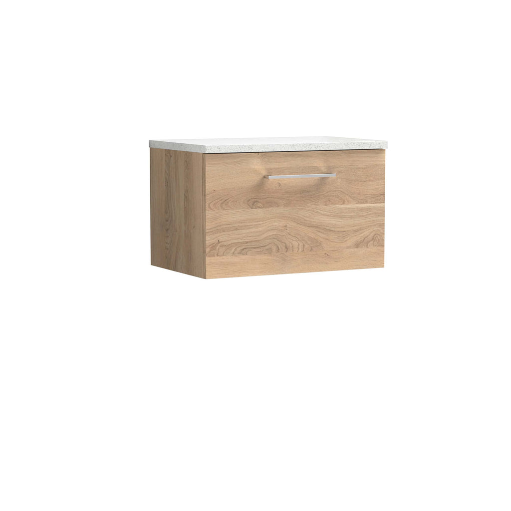 Modern wooden bathroom vanity with a white countertop and sleek silver handle, ideal for contemporary bathroom designs and storage solutions.
