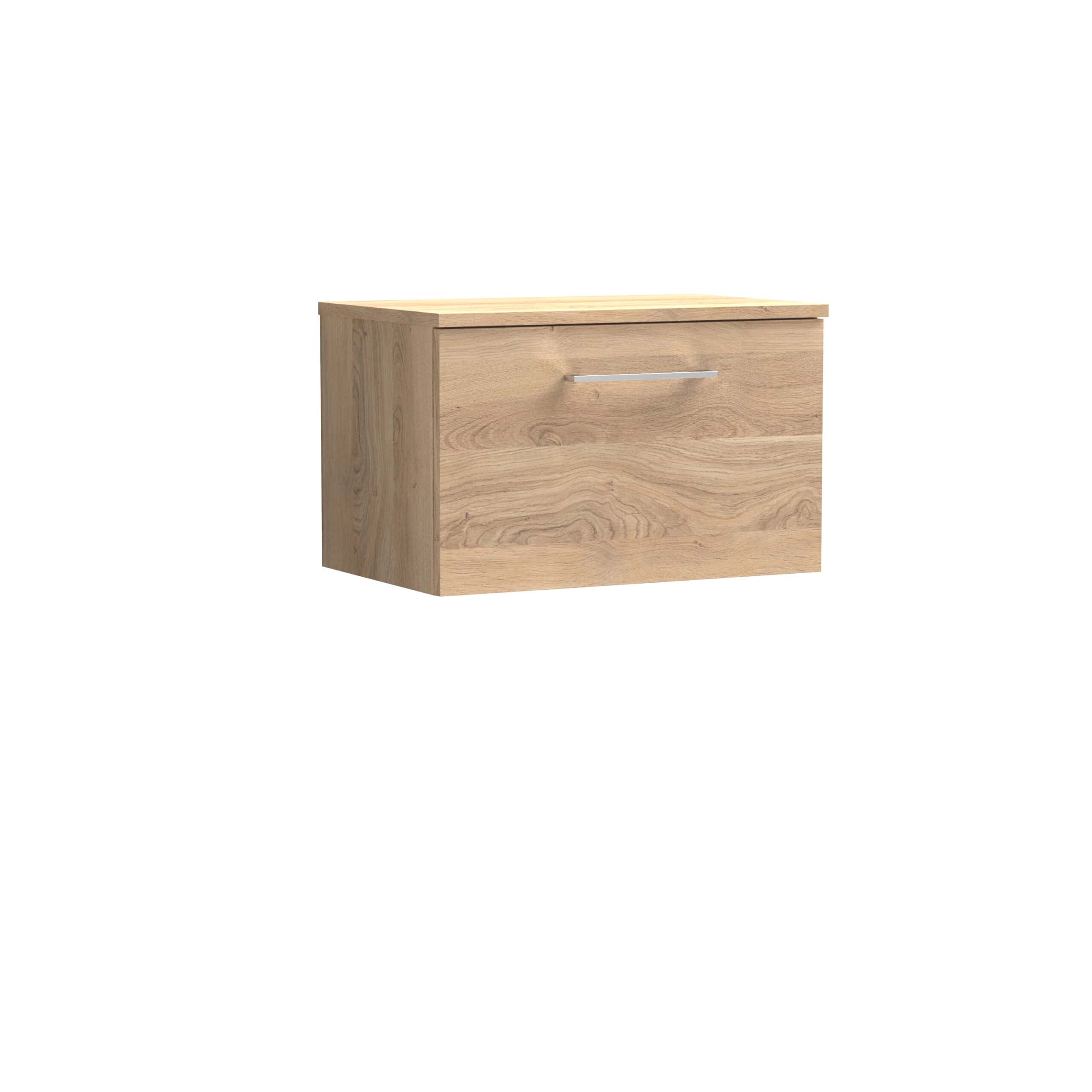 Natural wood bathroom wall cabinet with sleek silver handle, perfect for modern wet room storage solutions. Durable, stylish, and space-saving design from Bubly Bathrooms.