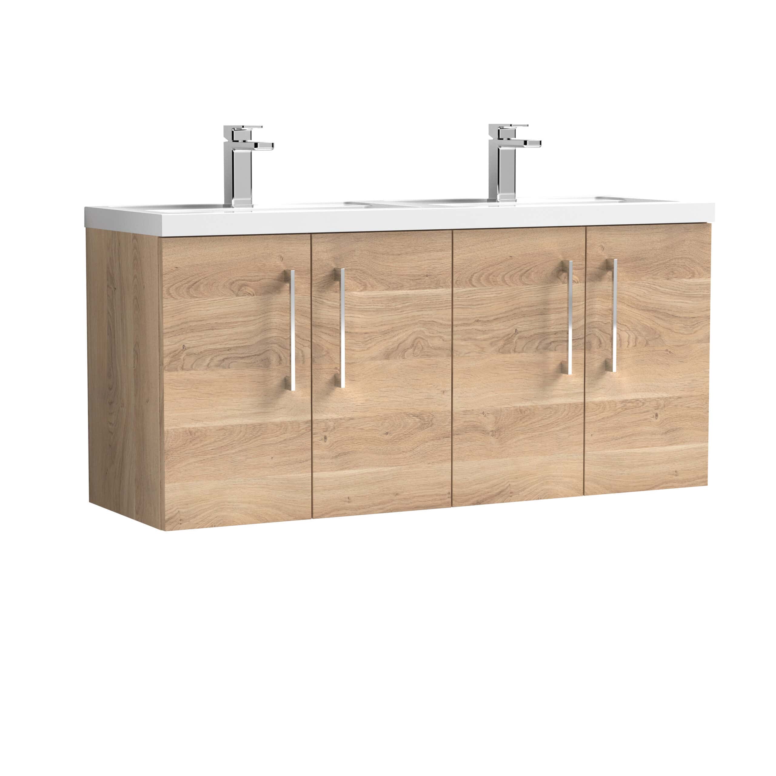 Modern double bathroom vanity unit with integrated dual sinks, chrome taps, and natural wood finish for contemporary bathroom decor.