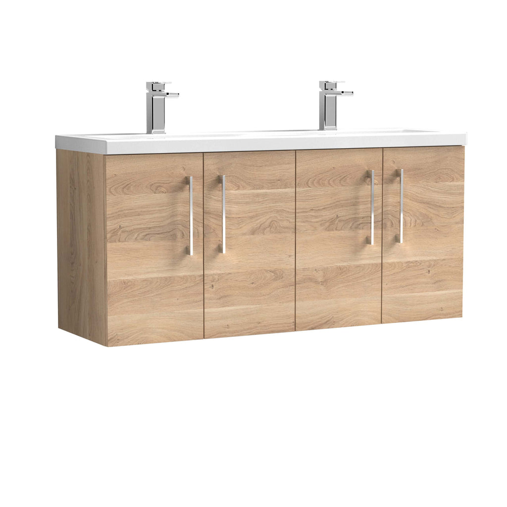Modern double bathroom vanity with natural wood finish, dual sinks, and chrome faucets, ideal for contemporary bathrooms and stylish bathroom storage solutions.