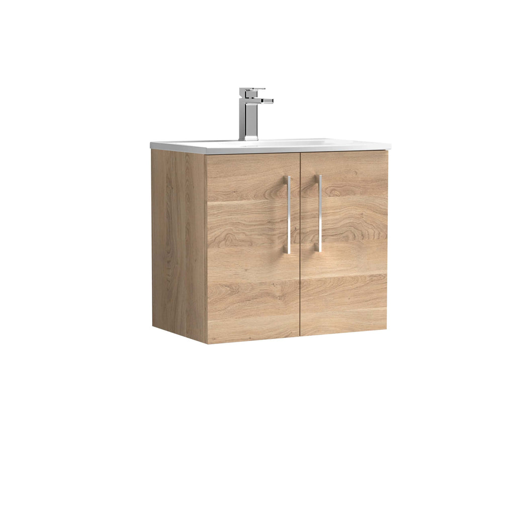 Natural wood bathroom vanity with integrated sink and modern chrome faucet - perfect for contemporary bathroom designs.