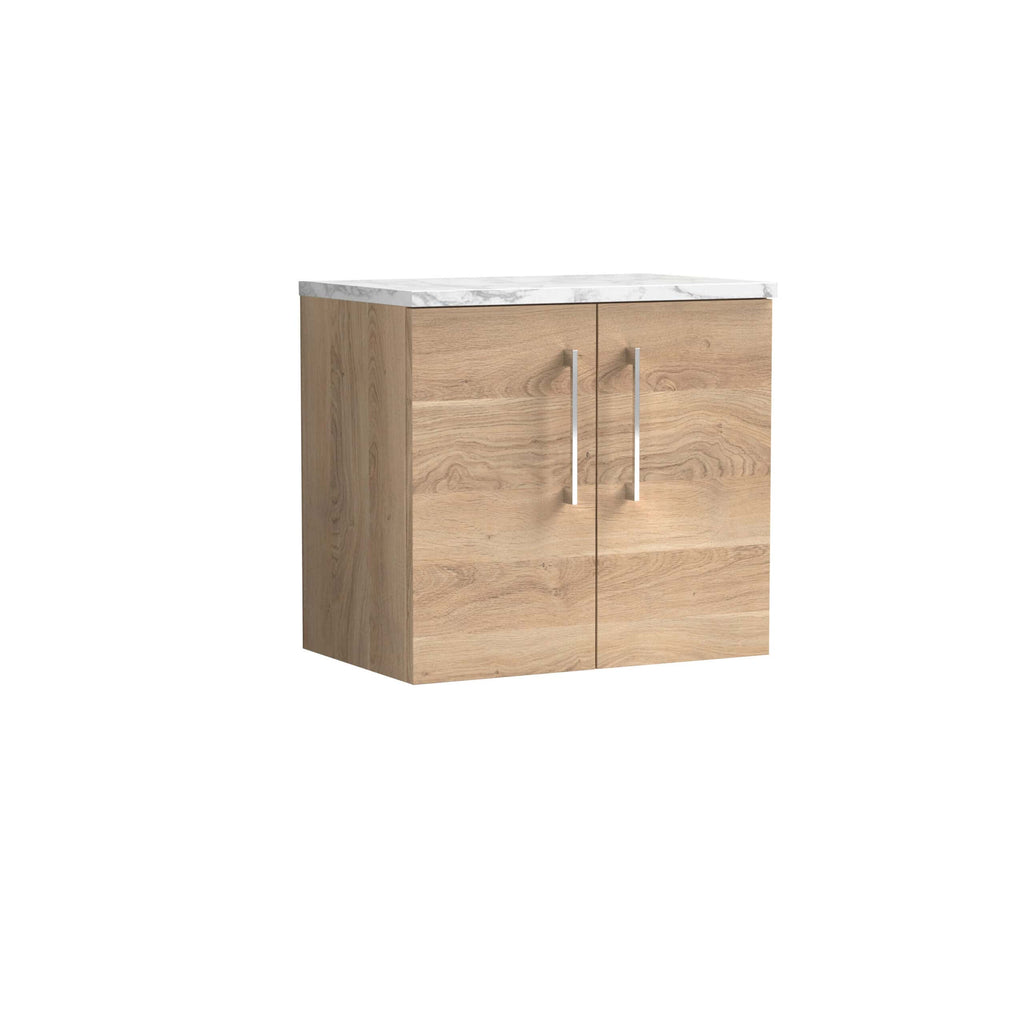 Natural wood bathroom vanity cabinet with white marble top, modern storage solution for stylish bathrooms. Durable oak finish and sleek metal handles enhance contemporary bathroom décor.