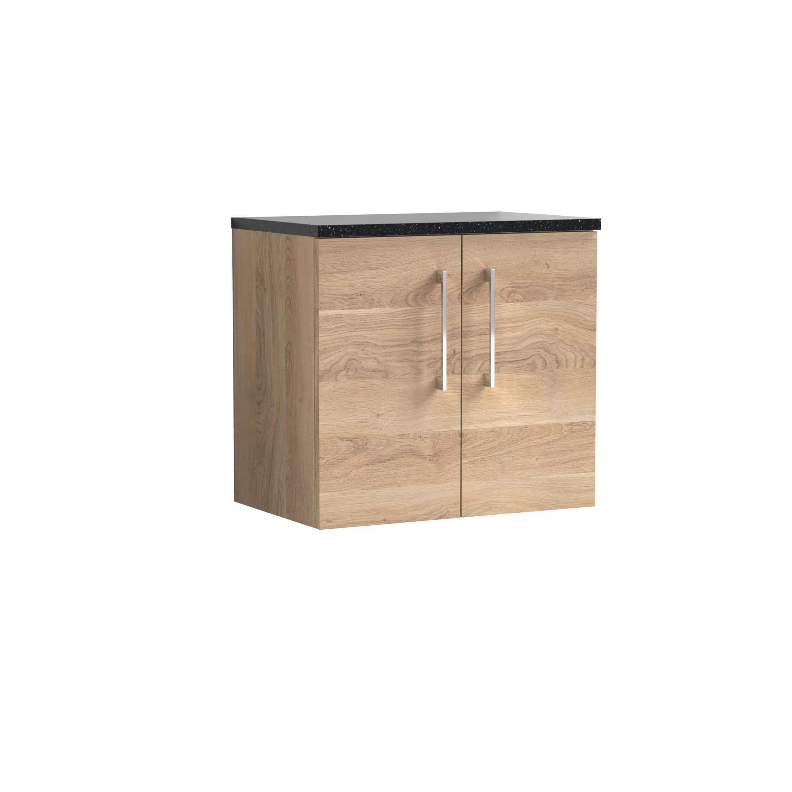 Natural wood bathroom cabinet with black countertop, modern storage solution for bathrooms. Durable design with sleek handles, functional for organising bathroom essentials. Customize your bathroom with stylish, space-saving furniture.