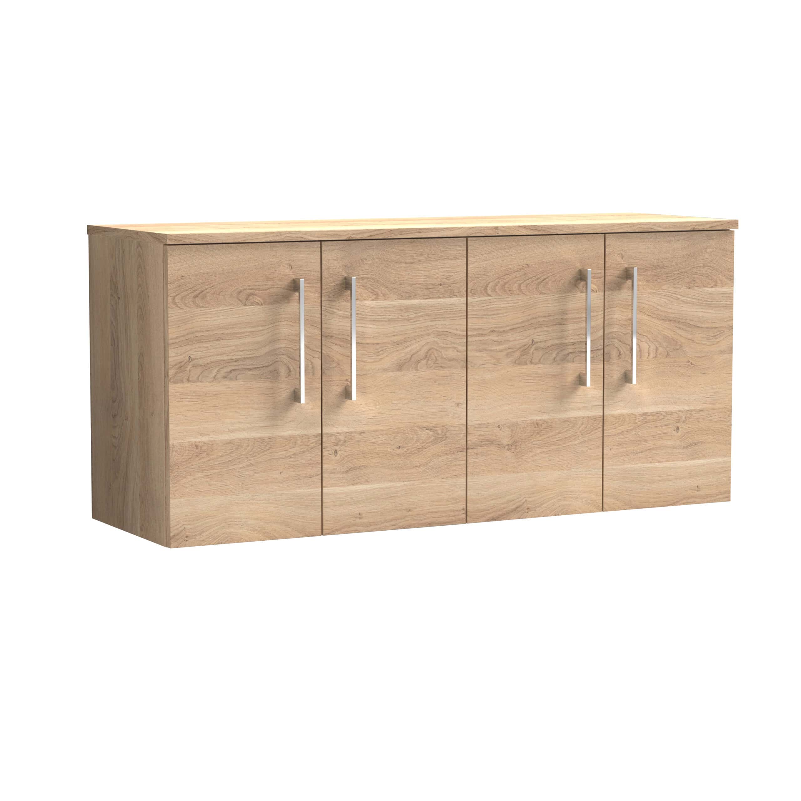 Sleek wooden bathroom storage cabinet with four doors featuring modern silver handles, ideal for organising bathroom essentials and enhancing contemporary bathroom decor.