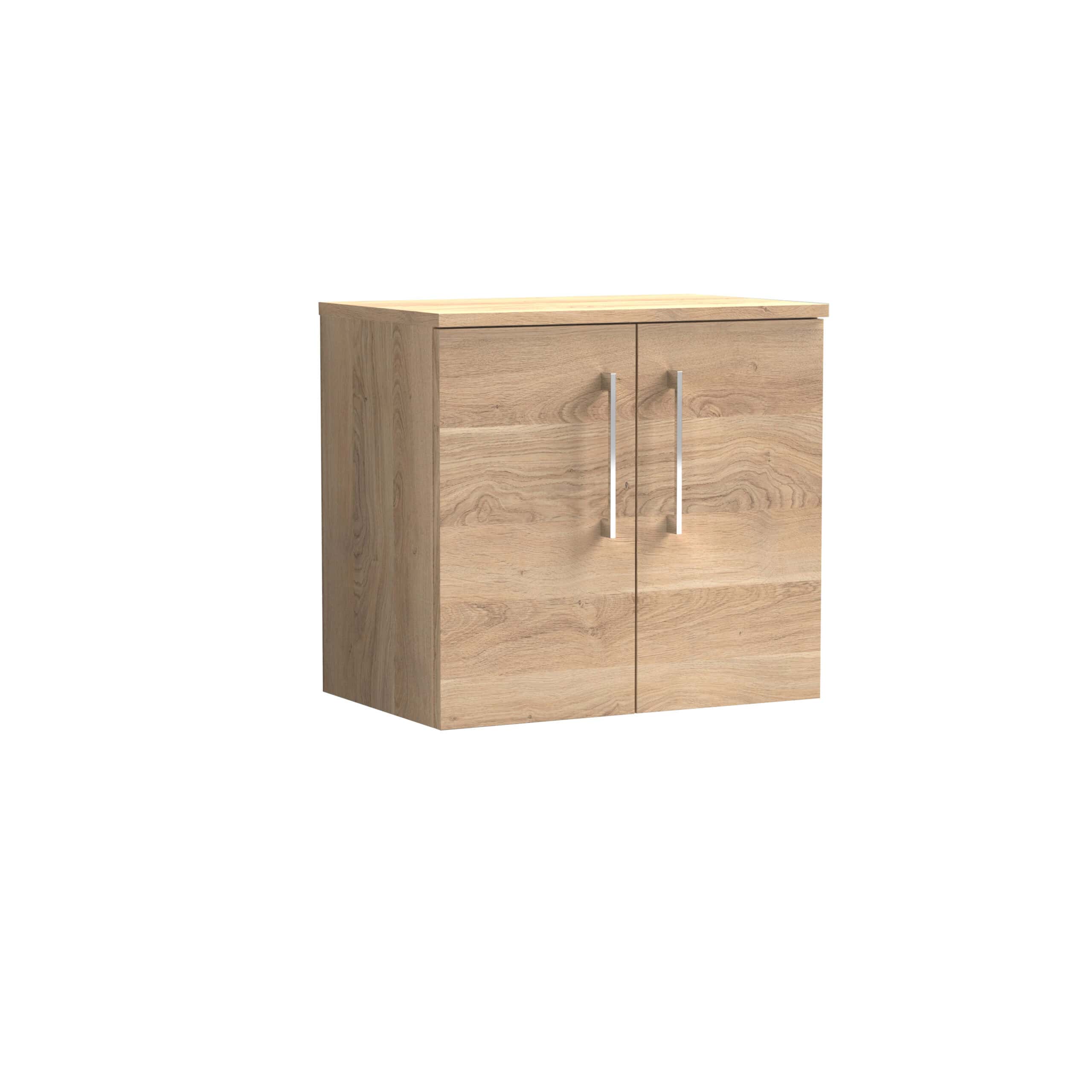 Natural wood bathroom cabinet with sleek silver handles, perfect for modern bathrooms, offering stylish storage solutions and enhancing interior decor.