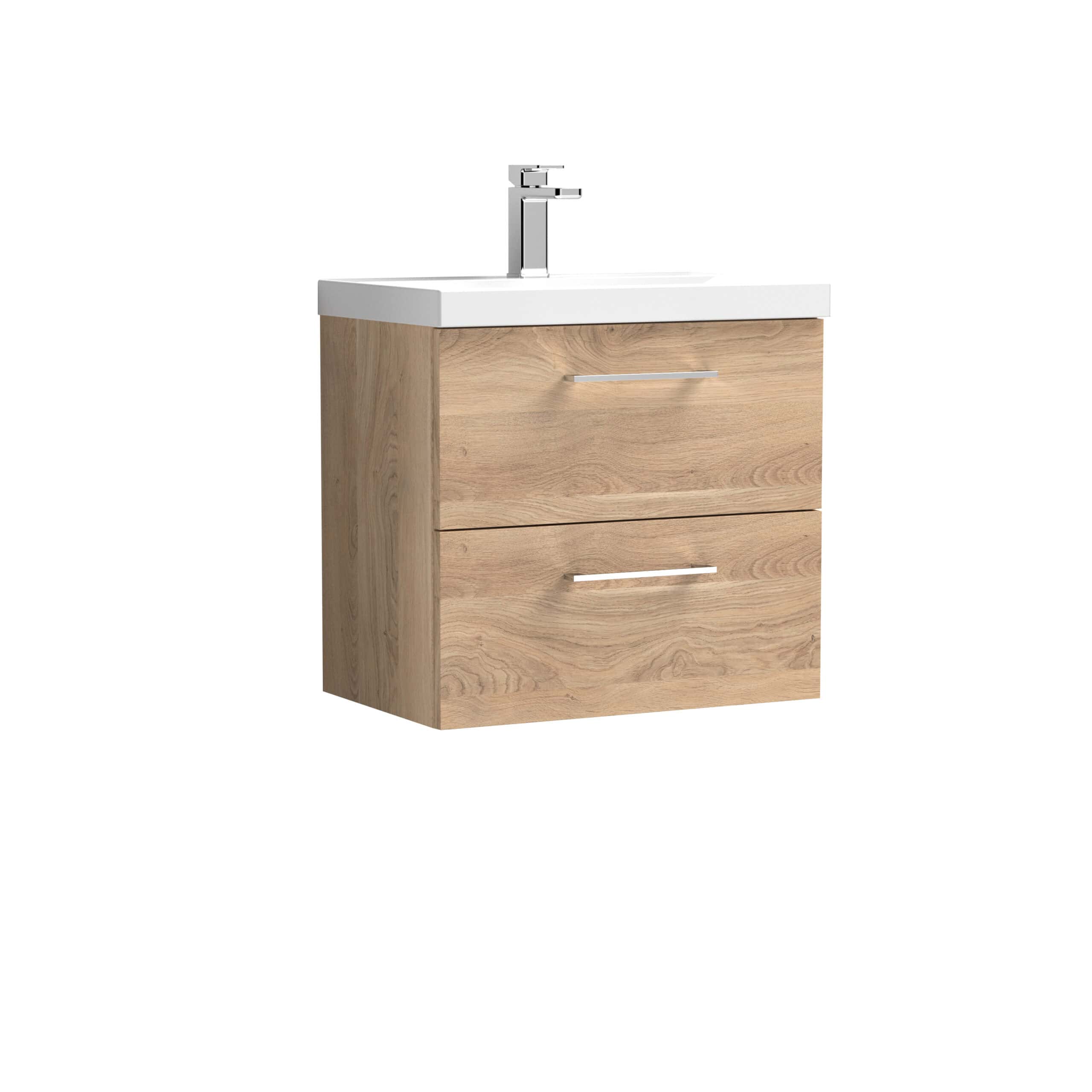 Sleek modern bathroom vanity unit with a natural wood finish, integrated white ceramic sink, and chrome handles, ideal for contemporary bathroom designs.