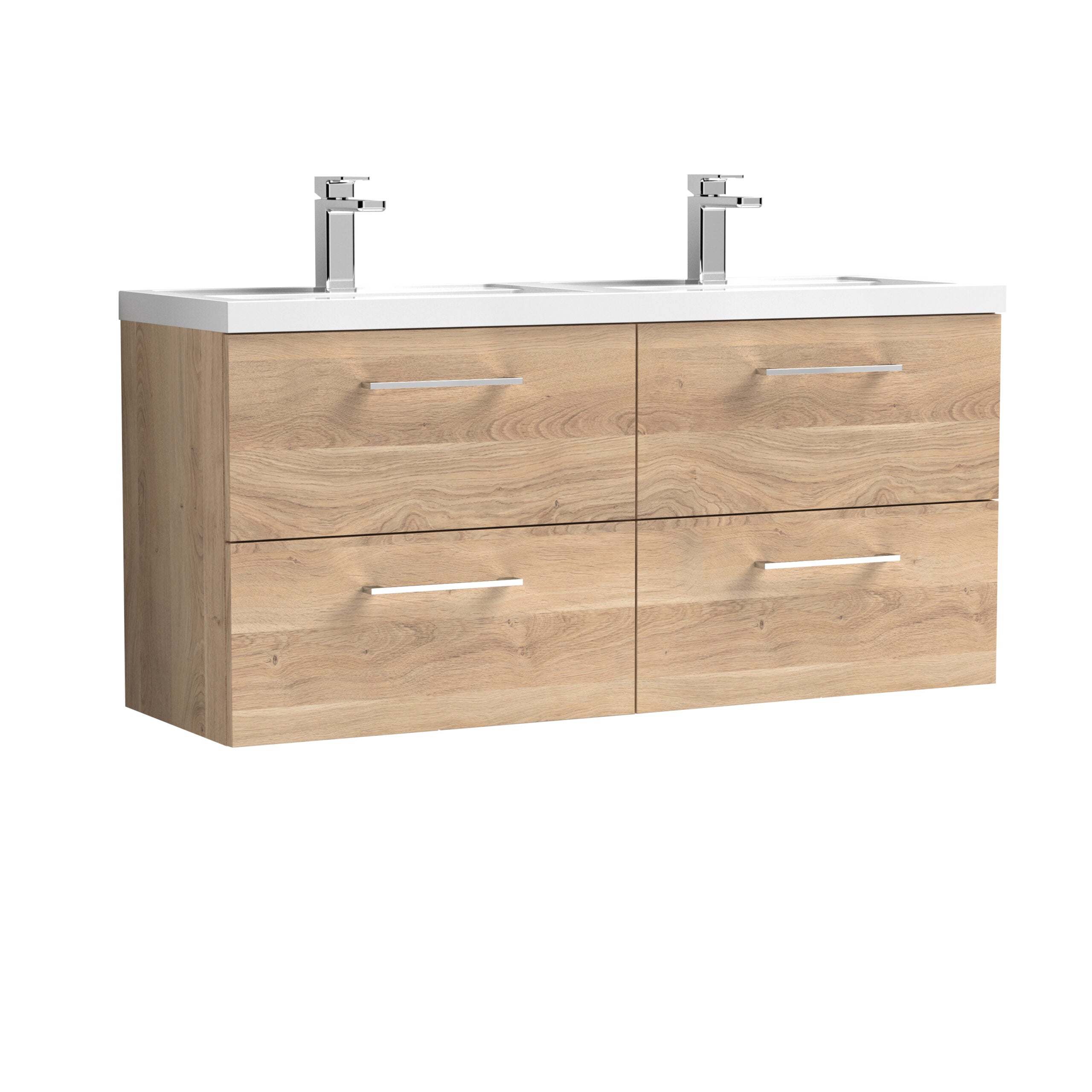 Contemporary double vanity unit with natural wood finish and dual sinks, perfect for modern bathrooms. Features sleek silver handles and a spacious white countertop, ideal for stylish bathroom decor.