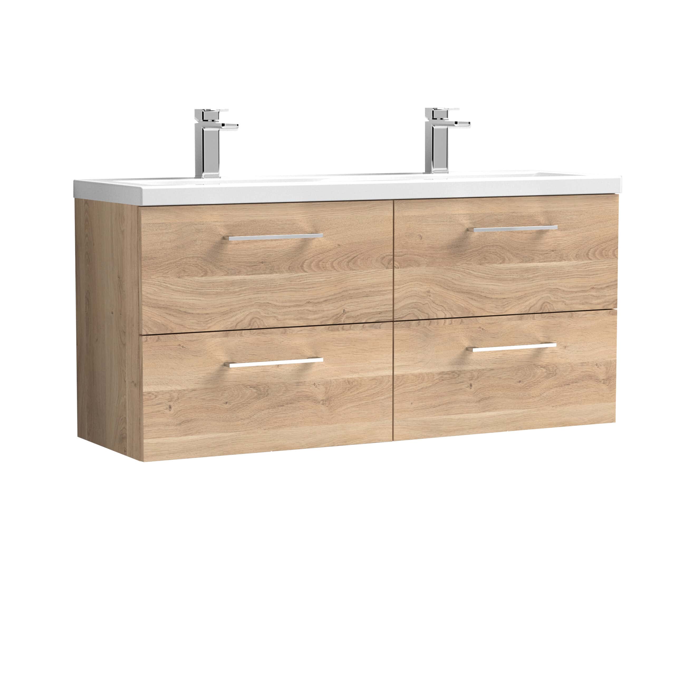 Stylish wooden double bathroom vanity with integrated ceramic sinks and modern chrome taps, perfect for contemporary bathrooms.