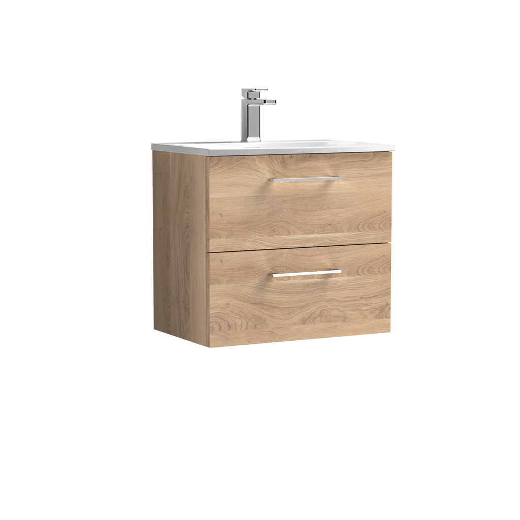 Modern wooden bathroom vanity with integrated white ceramic sink and chrome faucet, ideal for contemporary bathroom decor.
