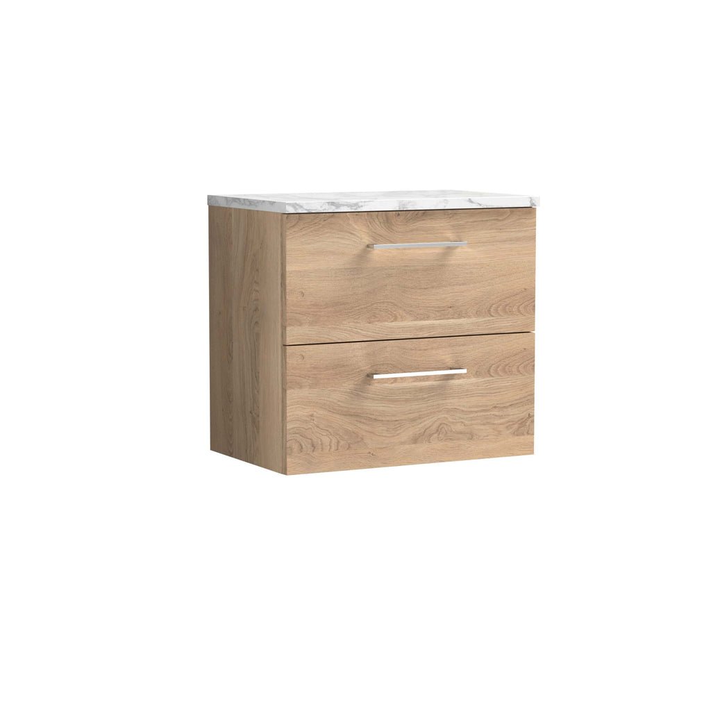 Minimalist wooden bathroom vanity with marble top, two drawers, ideal for modern bathroom interiors. Perfect for stylish storage and contemporary design.