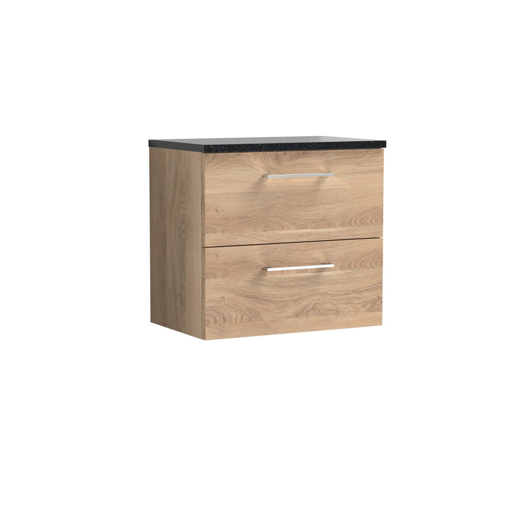Contemporary wooden bathroom vanity unit with a black speckled granite countertop, sleek metal handles, and ample storage drawers for organised bathroom essentials.