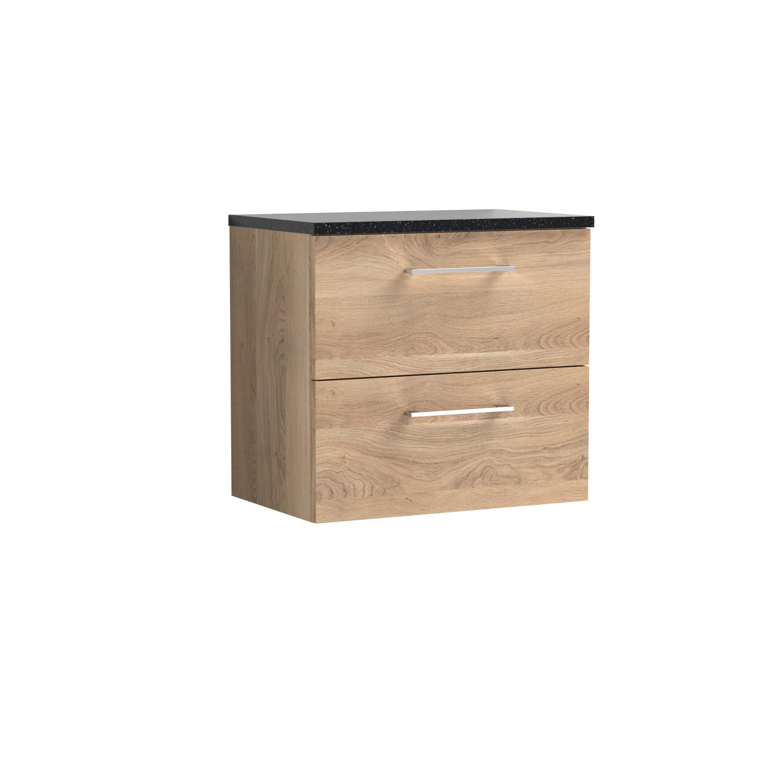 Contemporary wooden bathroom vanity unit with a black speckled granite countertop, sleek metal handles, and ample storage drawers for organised bathroom essentials.
