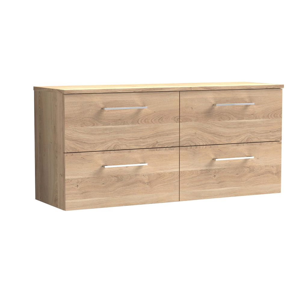 Natural oak bathroom sideboard with four spacious drawers and modern silver handles, ideal for storage and organisation in contemporary bathrooms.