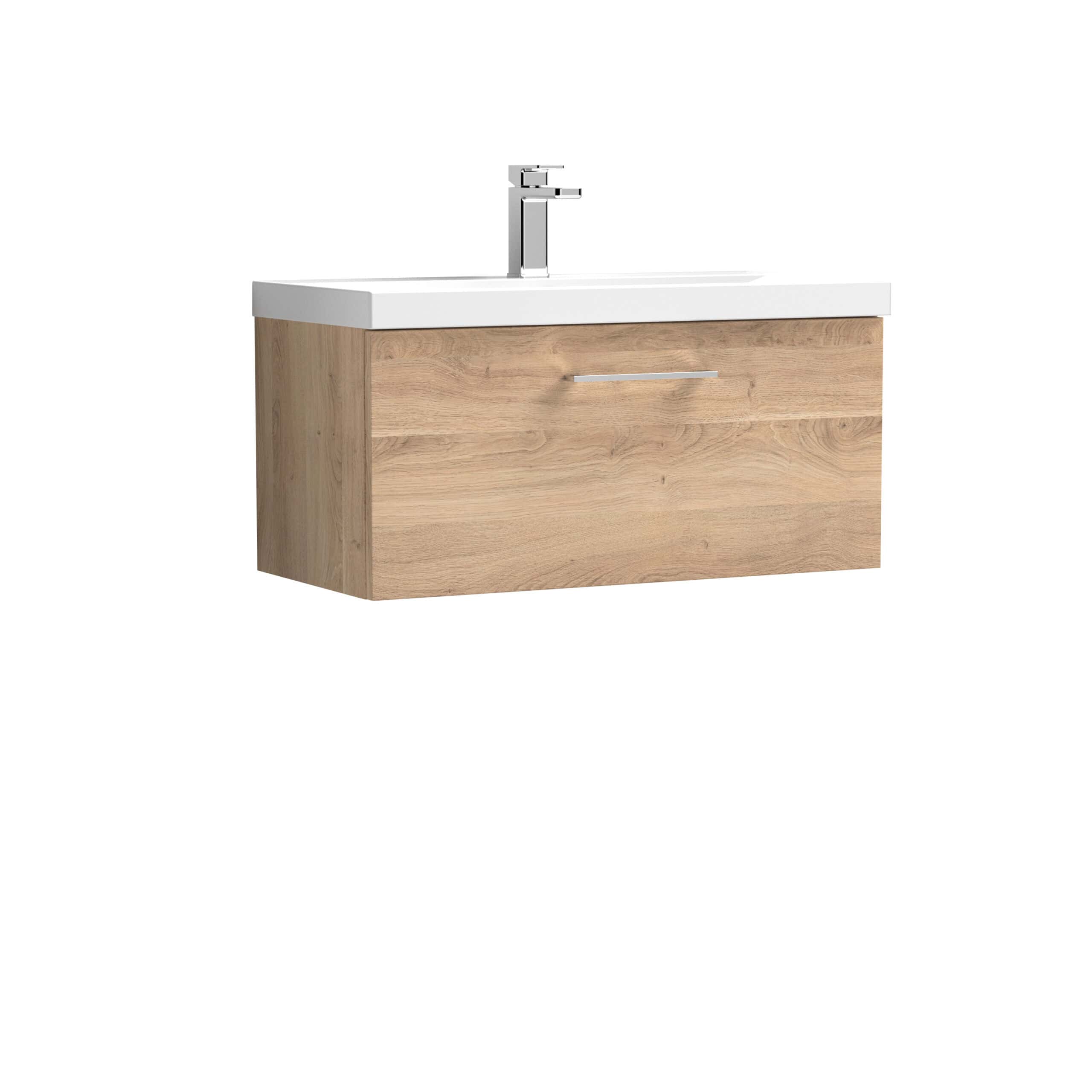 Contemporary wooden bathroom vanity with integrated sink and modern chrome tap, ideal for stylish and functional bathroom decor. Perfect for home renovation or upgrade projects.