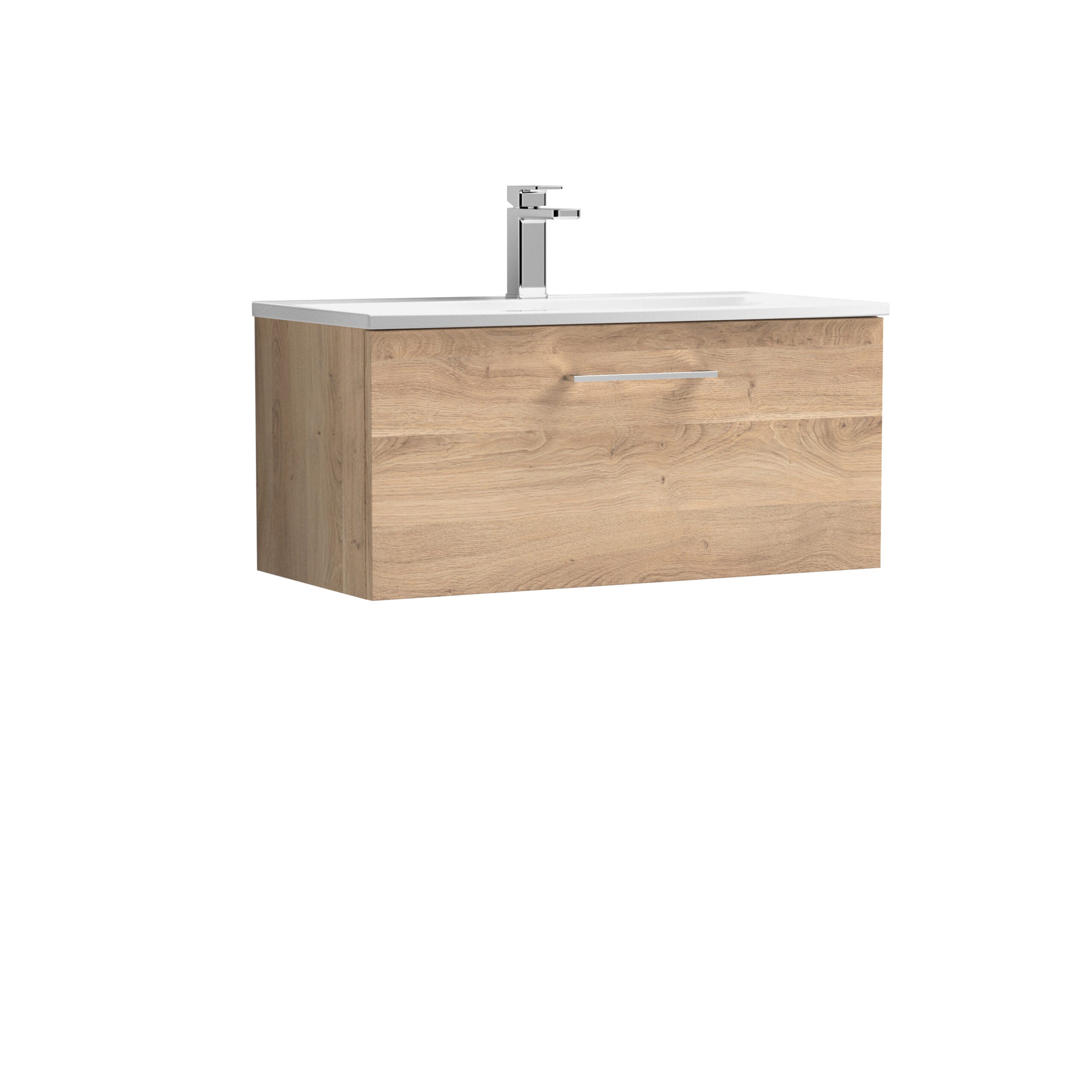 Modern wooden bathroom vanity with integrated sink and chrome faucet for contemporary bathroom design.