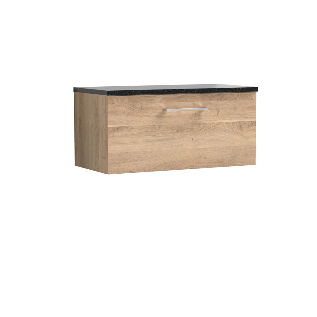 Natural oak bathroom vanity with black speckled granite top, sleek handle, modern design. Perfect for contemporary bathrooms, offering style and functional storage solutions.