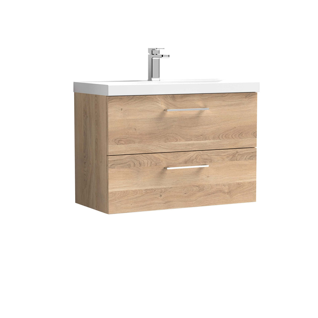 Modern wooden bathroom vanity unit with a white ceramic top and chrome faucet, ideal for contemporary bathrooms.