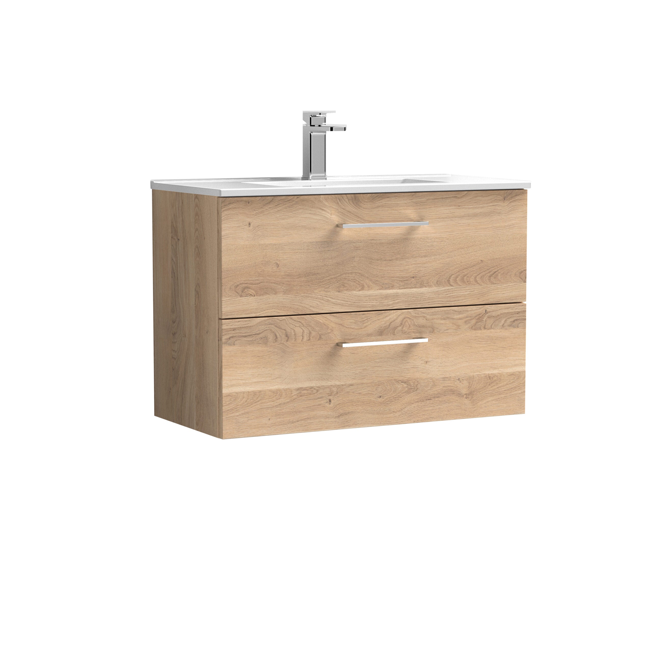 Modern wooden bathroom vanity with double drawers and white ceramic sink, chrome faucet, designed for contemporary bathroom decor. Perfect for stylish bathroom renovation projects.