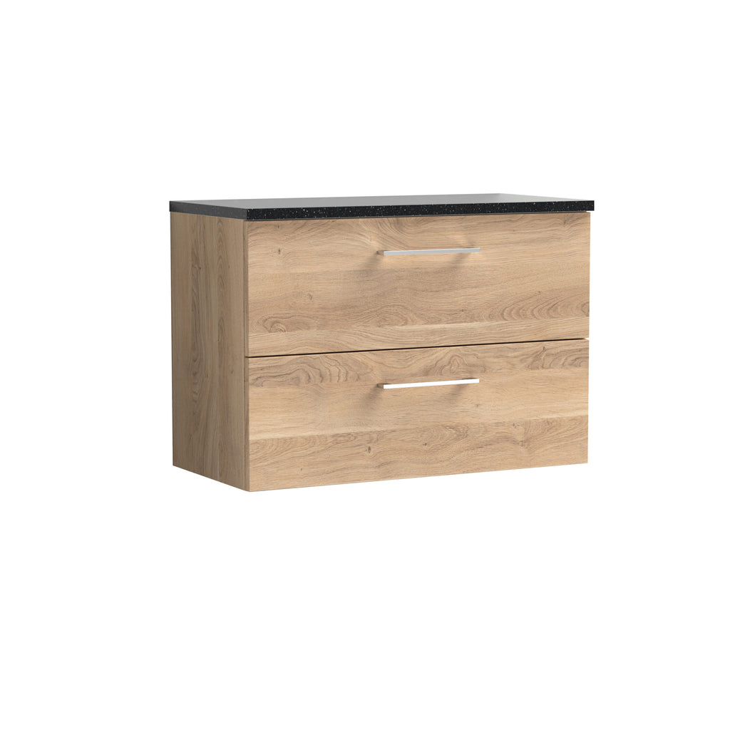 Soft-close timber bathroom vanity unit with a black granite top and modern chrome handles, ideal for contemporary bathrooms.