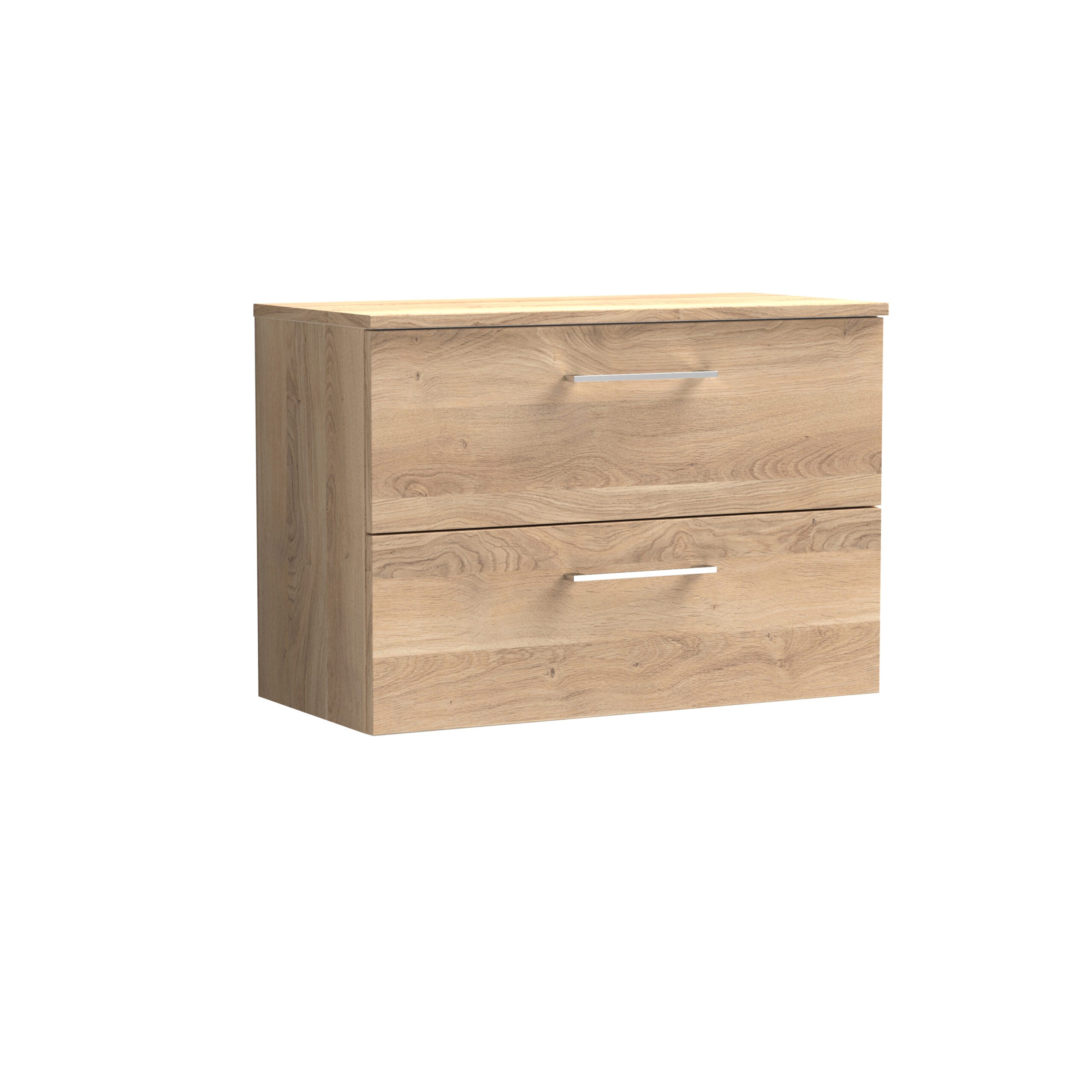Sleek natural wood bathroom cabinet with two drawers featuring modern silver handles, ideal for bathroom storage and organisation. Perfect for enhancing bathroom functionality and style.