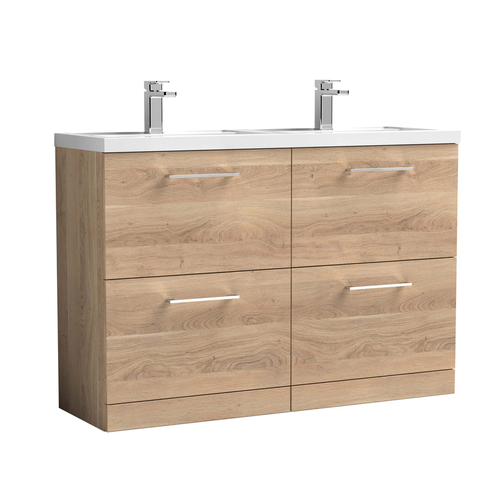 Stylish double vanity bathroom unit with natural wood finish, featuring double sinks, modern chrome taps, and ample storage drawers, perfect for contemporary bathroom design.