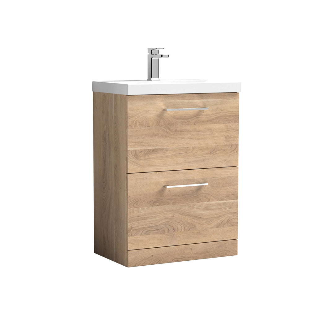 Modern wooden bathroom vanity unit with integrated sink and chrome tap, offering stylish and functional storage solutions. Perfect for contemporary bathroom designs.