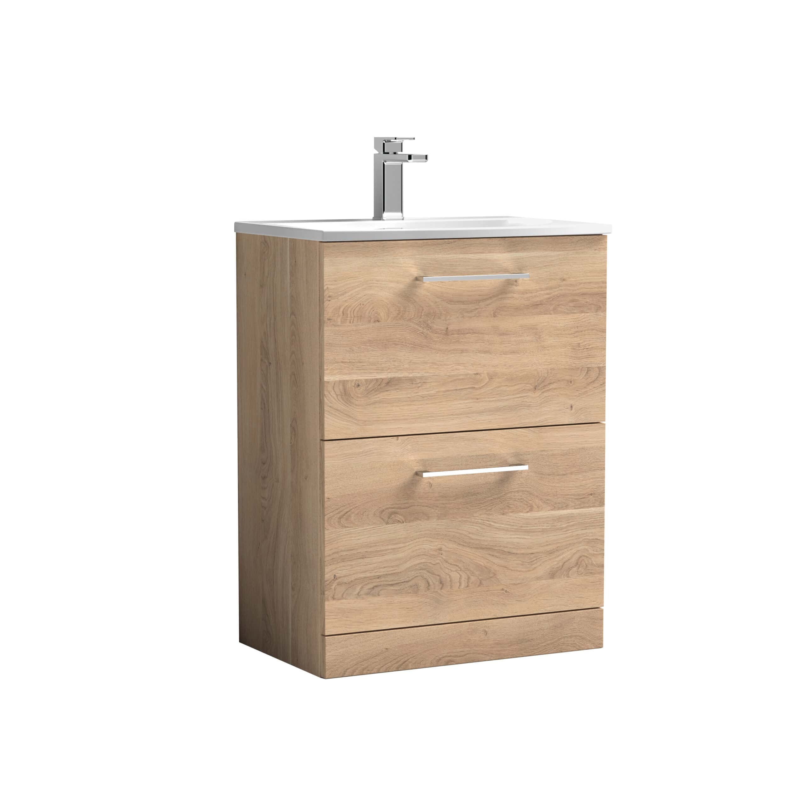Sustainable wooden bathroom vanity with integrated ceramic sink and modern chrome faucet, ideal for contemporary bathroom interiors.