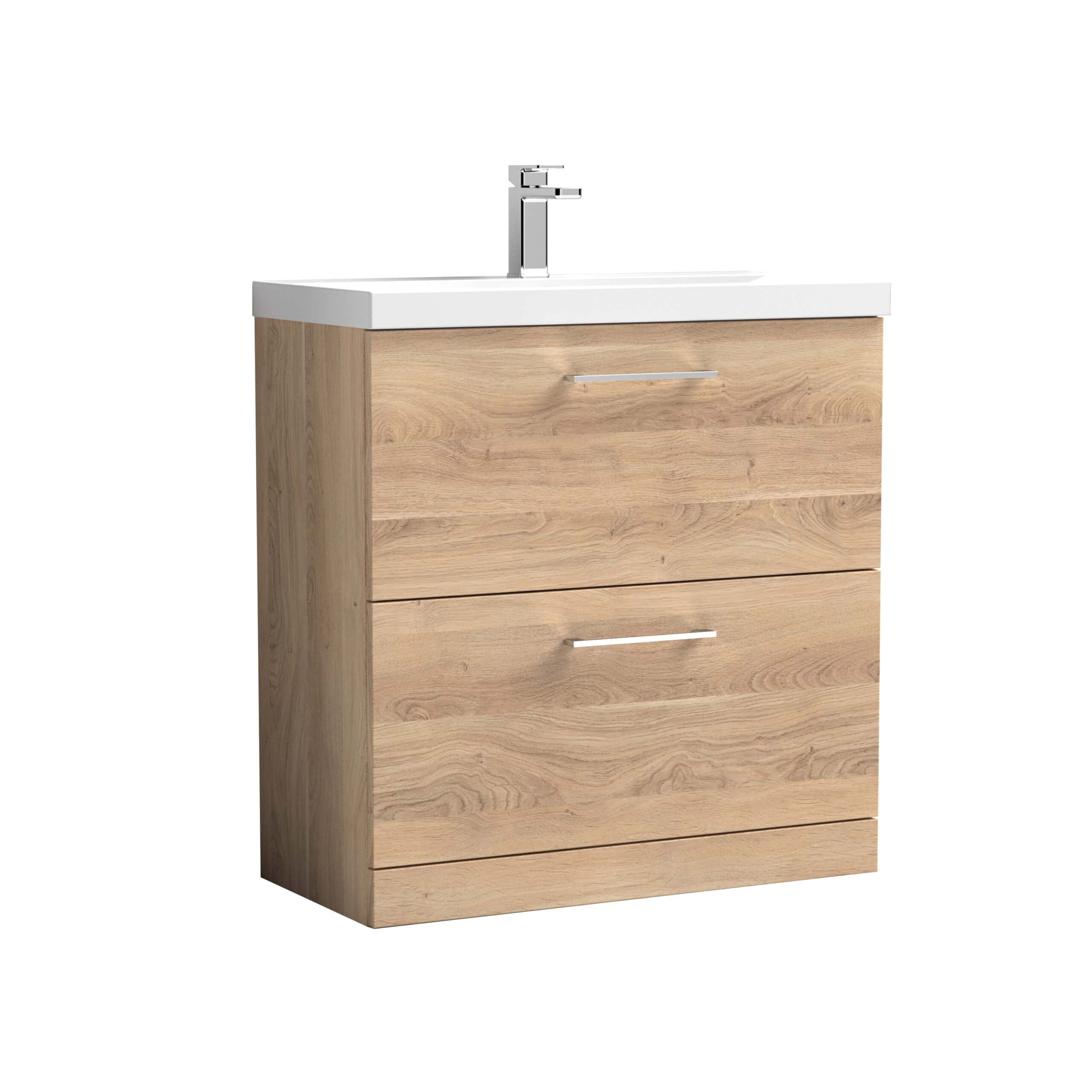 Modern wooden bathroom vanity with integrated sink and chrome faucet, ideal for contemporary bathroom design. Crafted from light oak wood with sleek drawer handles, perfect for storage and style.