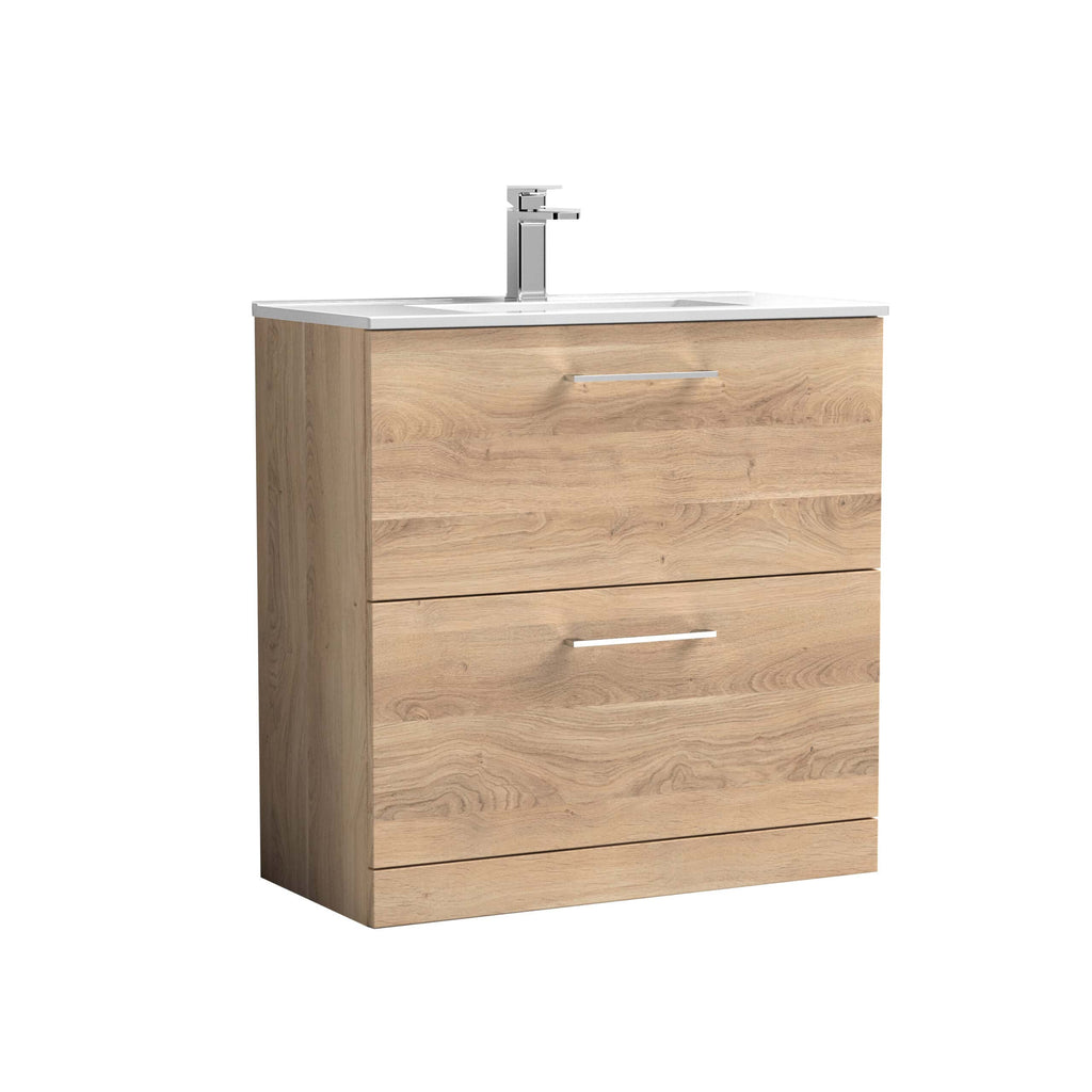 Contemporary oak effect bathroom vanity unit with integrated sink and modern chrome handle, ideal for stylish bathroom renovations and storage solutions.
