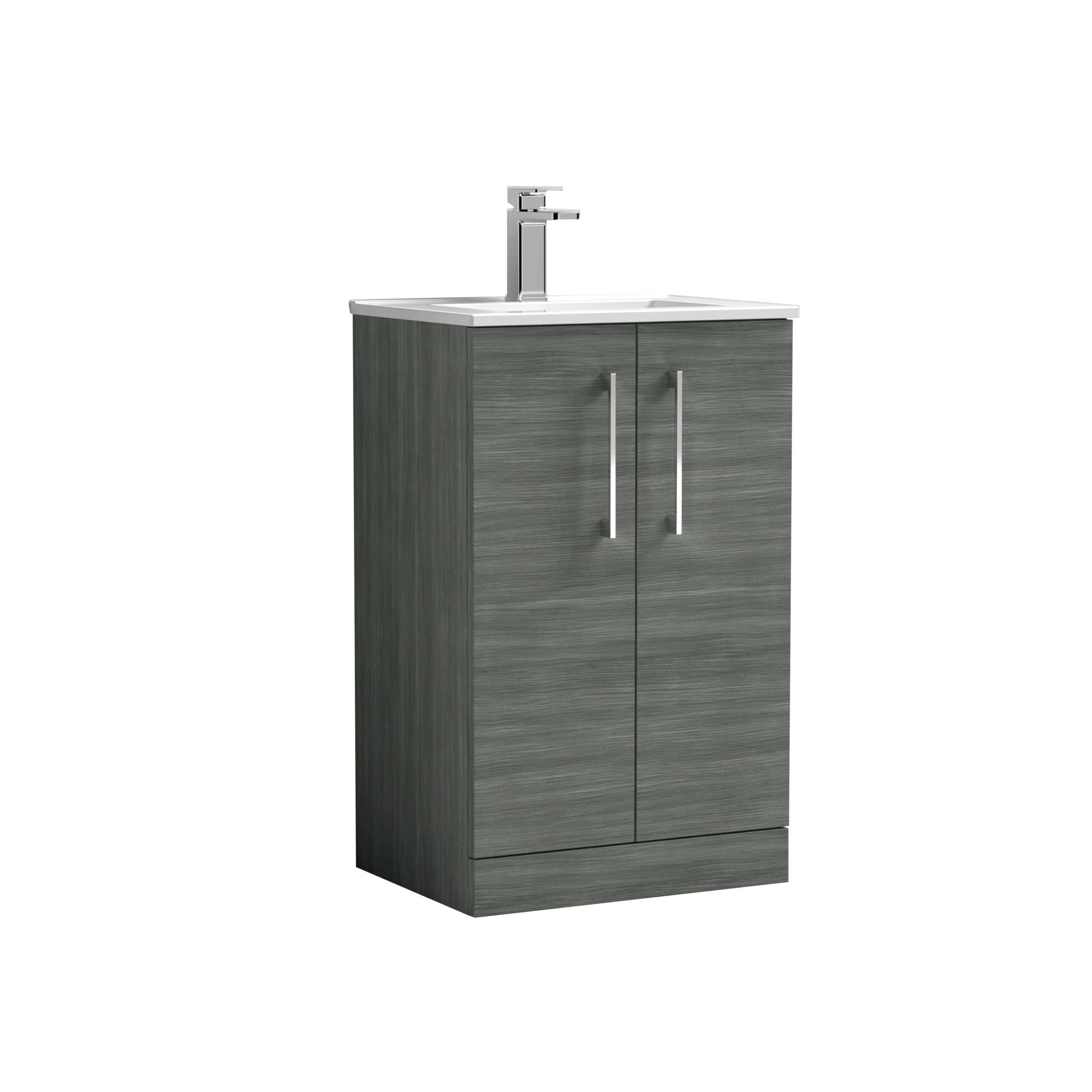 Modern grey bathroom vanity unit with integrated sink and chrome handle long cabinet for bathroom storage and contemporary design.