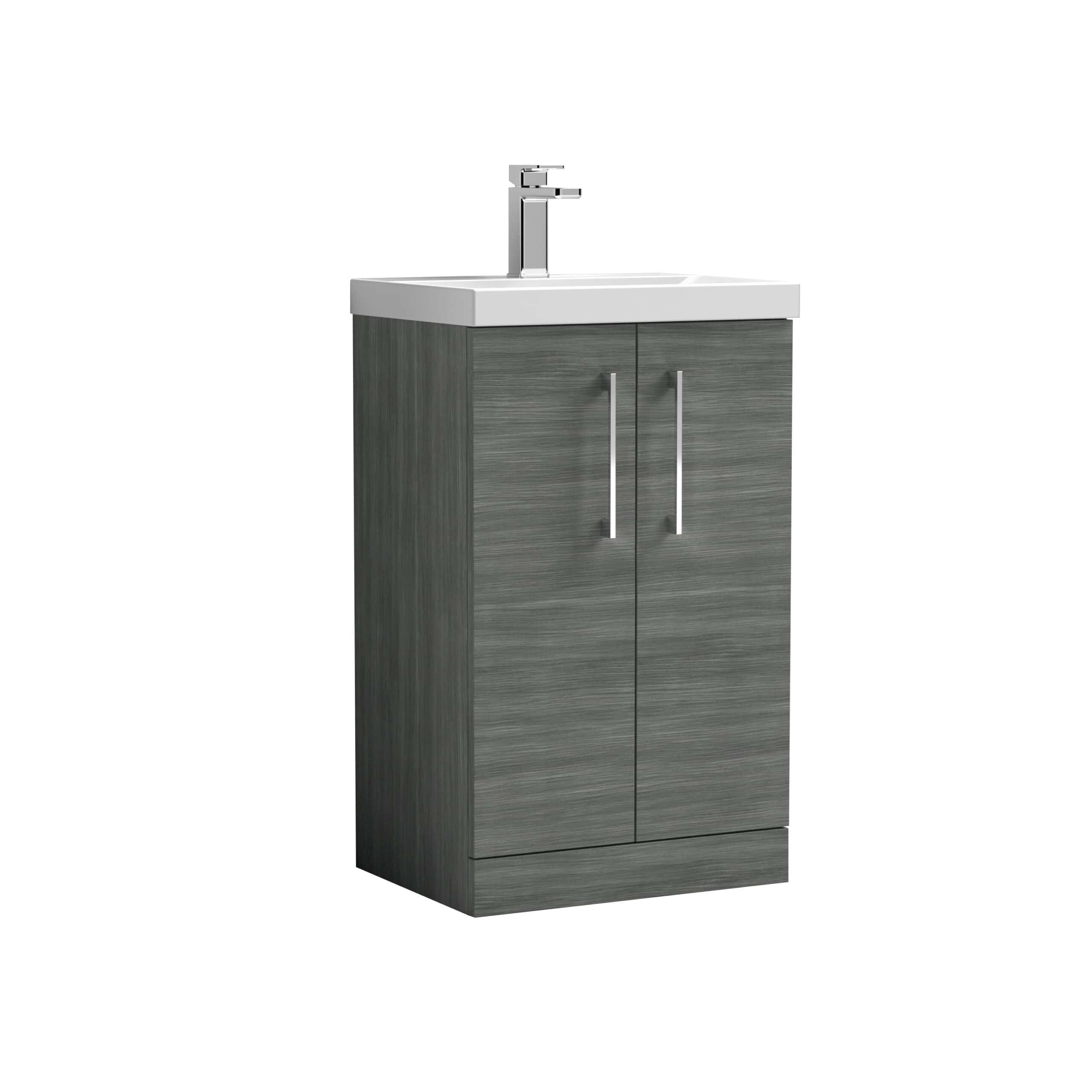 Modern grey bathroom vanity unit with integrated sink and chrome tap, ideal for contemporary bathroom designs. Sturdy storage cabinets with sleek handles for towels and essentials.