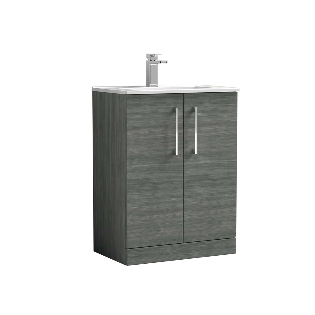 Modern grey bathroom vanity cabinet with integrated sink and chrome faucet, ideal for contemporary bathroom designs. Perfect storage solution with sleek, minimalist style.