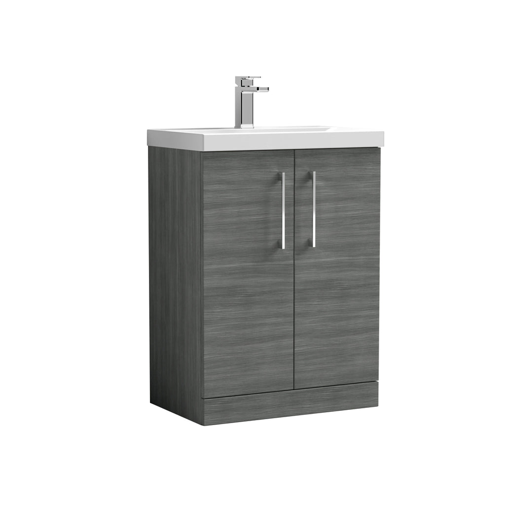Modern grey bathroom vanity with integrated sink and chrome faucet, ideal for contemporary bathroom designs. Durable cabinet with sleek handles for efficient storage.
