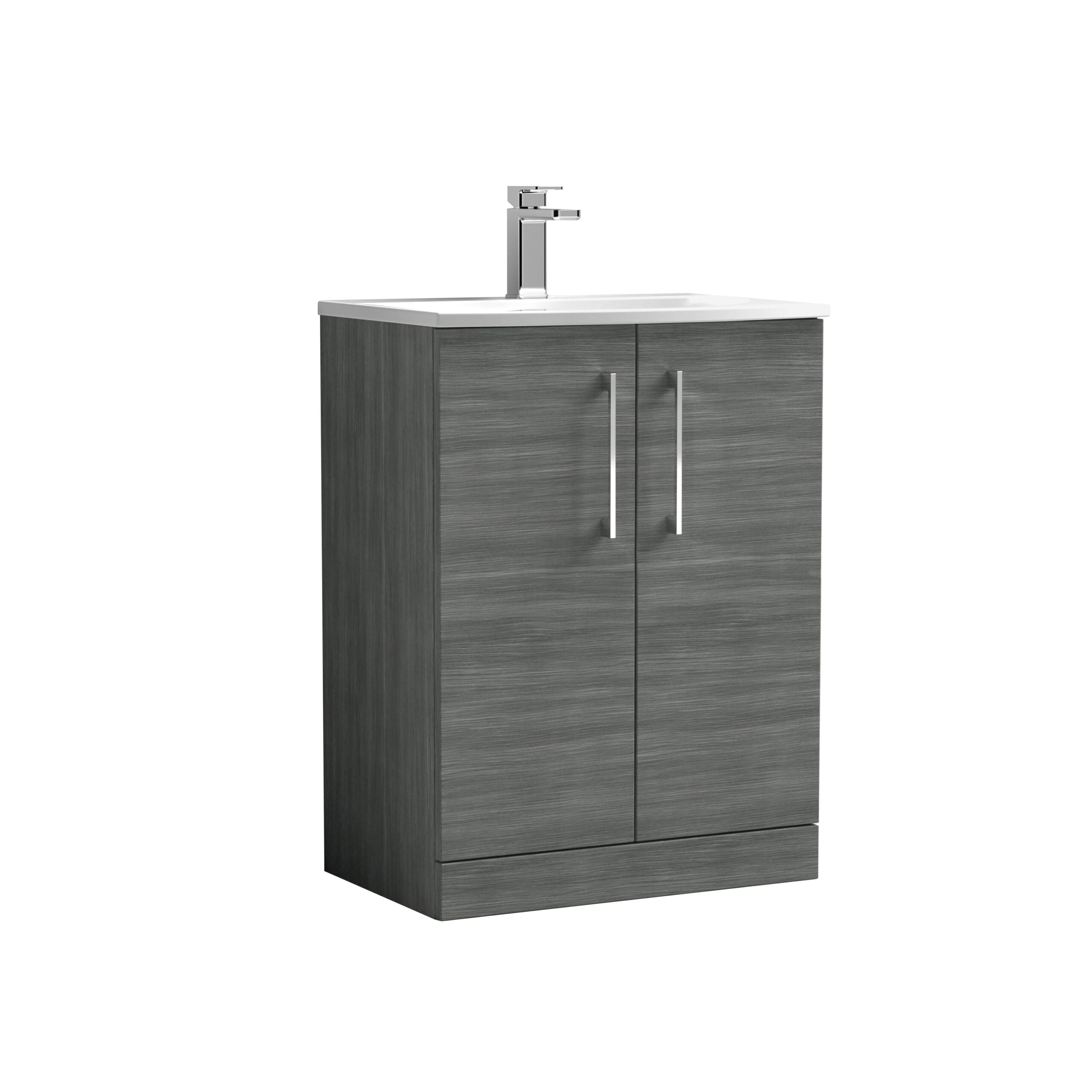 Contemporary grey bathroom vanity unit with integrated sink and chrome-finished faucet, ideal for modern bathroom designs. Perfect storage solution for bathrooms, combining style and functionality.