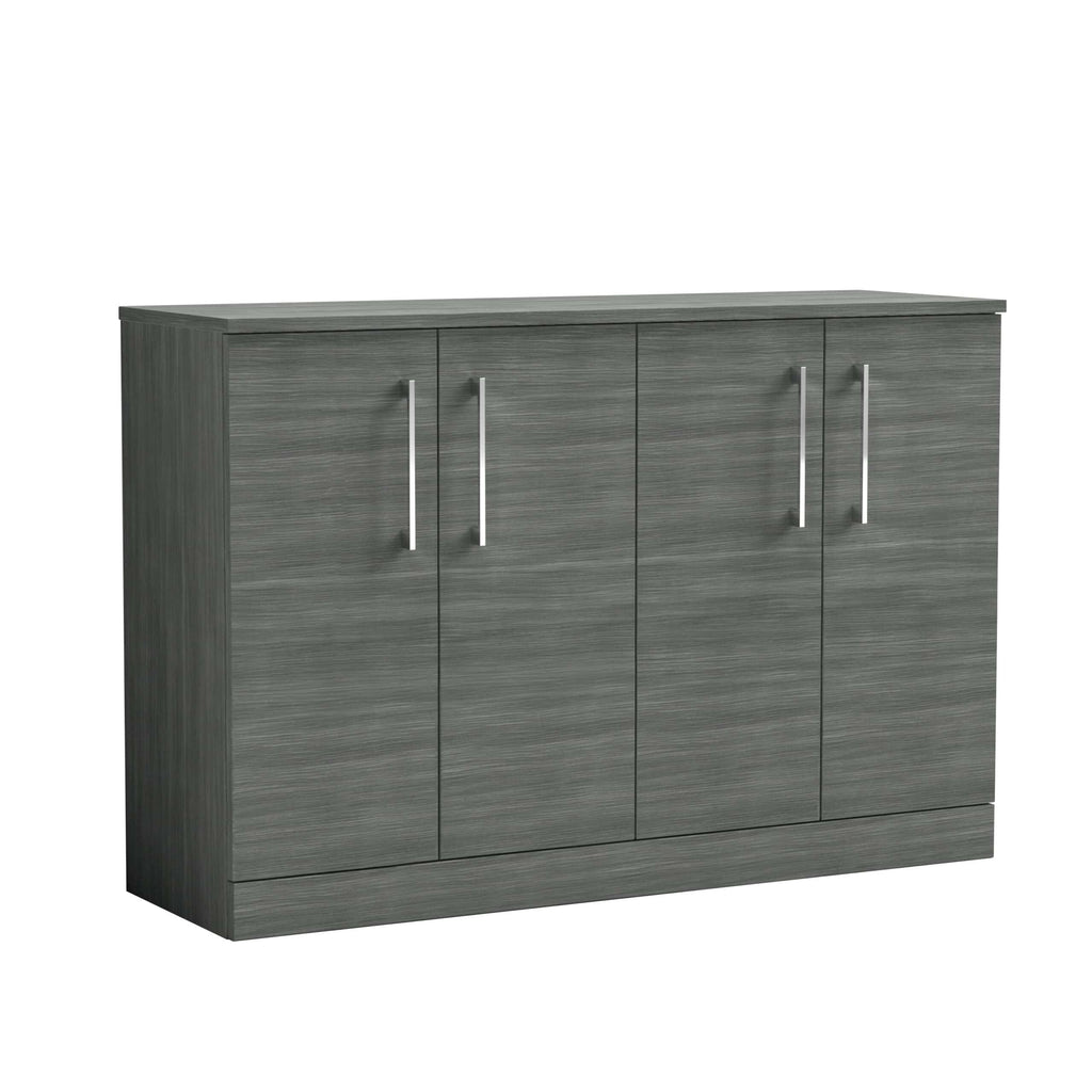 Modern grey bathroom storage cabinet with four doors and sleek metal handles, ideal for organising bathroom essentials and enhancing bathroom decor, available at Bubly Bathrooms.