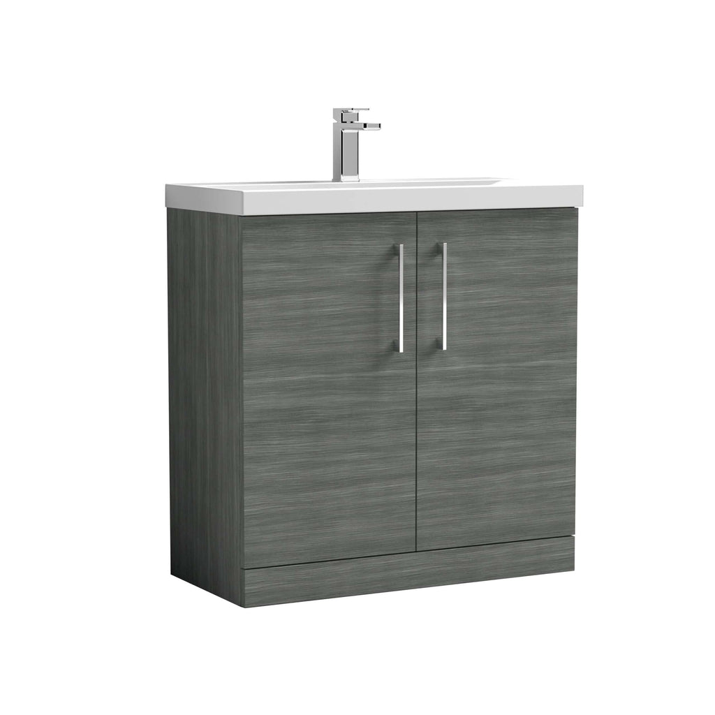 Modern grey bathroom vanity unit with integrated sink and chrome-finished tap, perfect for contemporary bathroom designs and easy storage solutions.